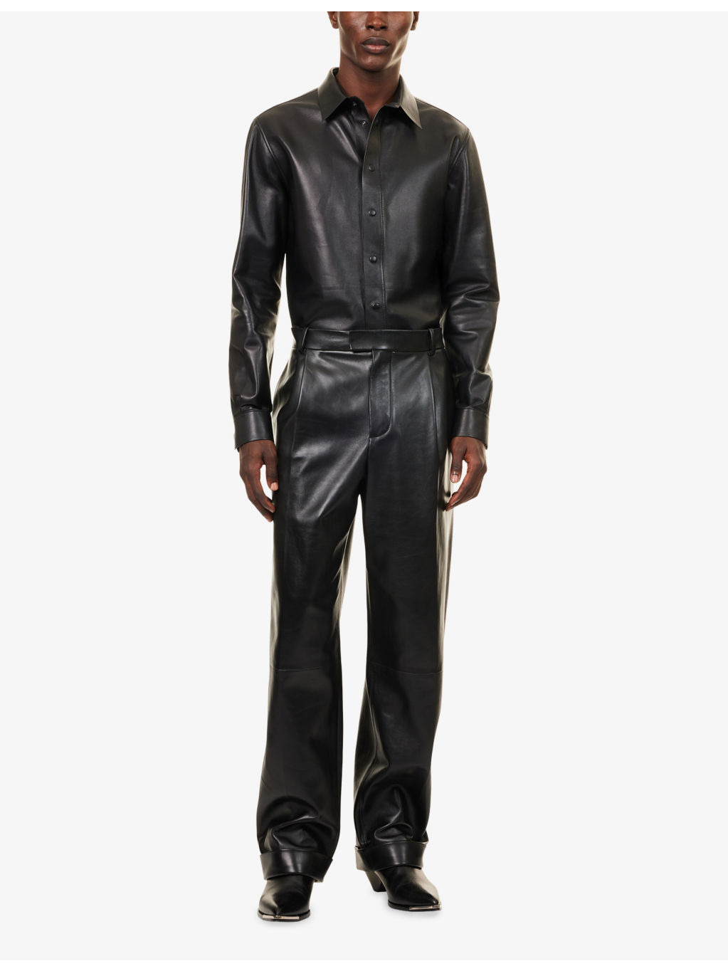 Curved-Hem Long-Sleeves Leather Shirt - 2