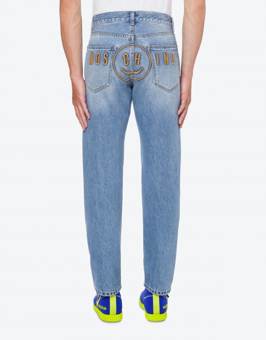 MOSCHINO SMILEY® EMBROIDERY BLUE DENIM TROUSERS - 2