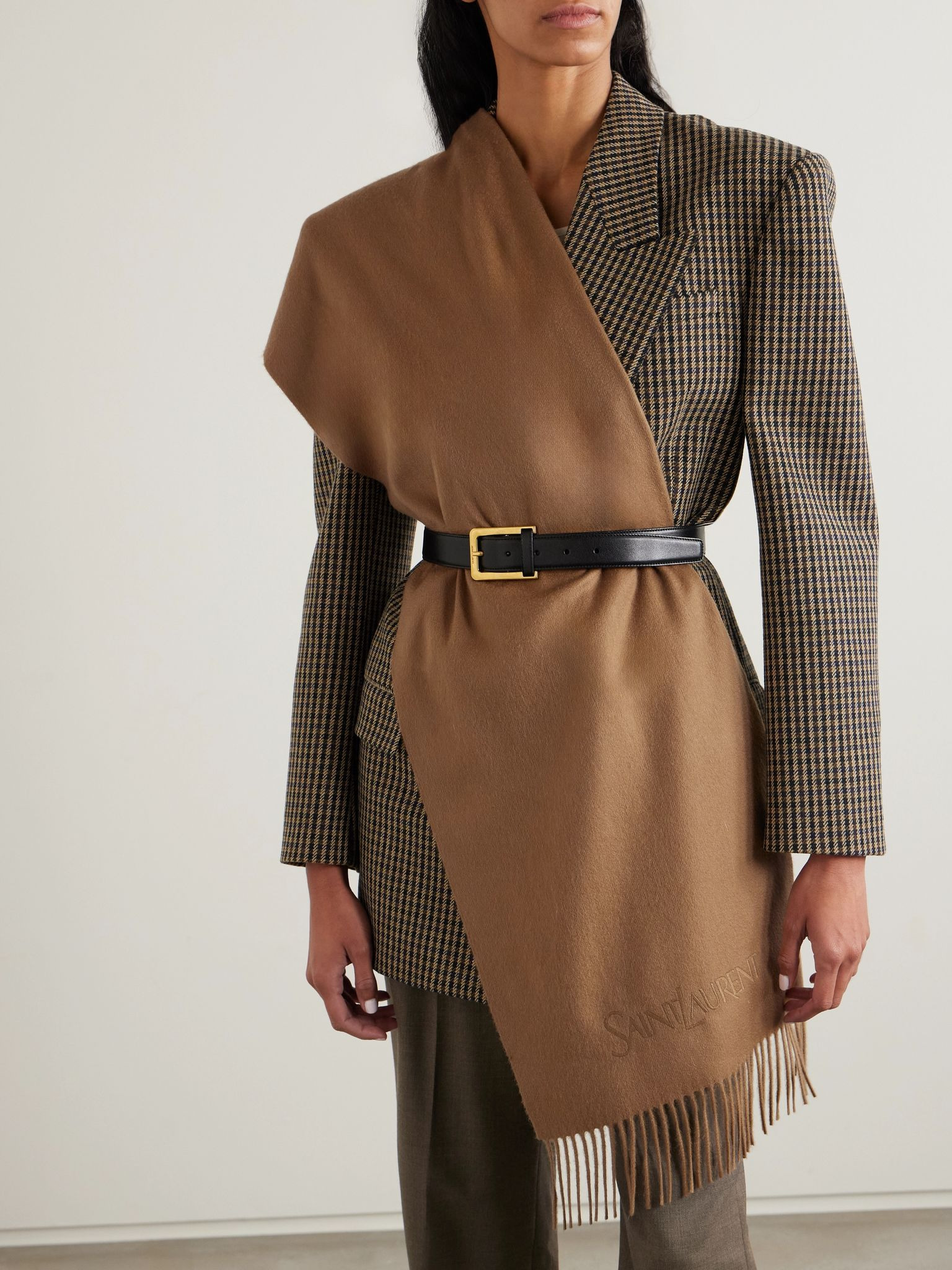 Fringed embroidered cashmere scarf Light brown - 2