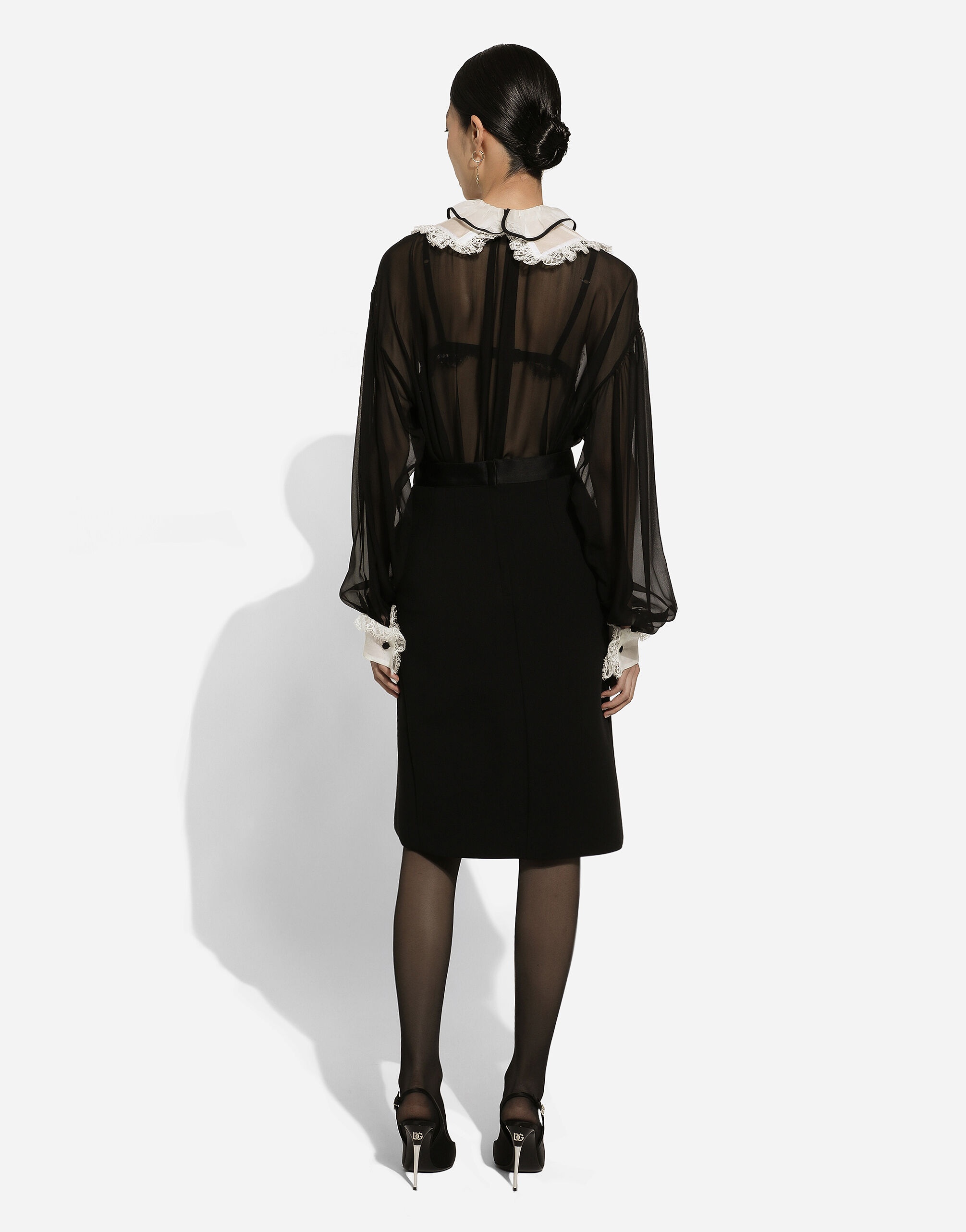 Wool midi pencil skirt with satin waistband - 4