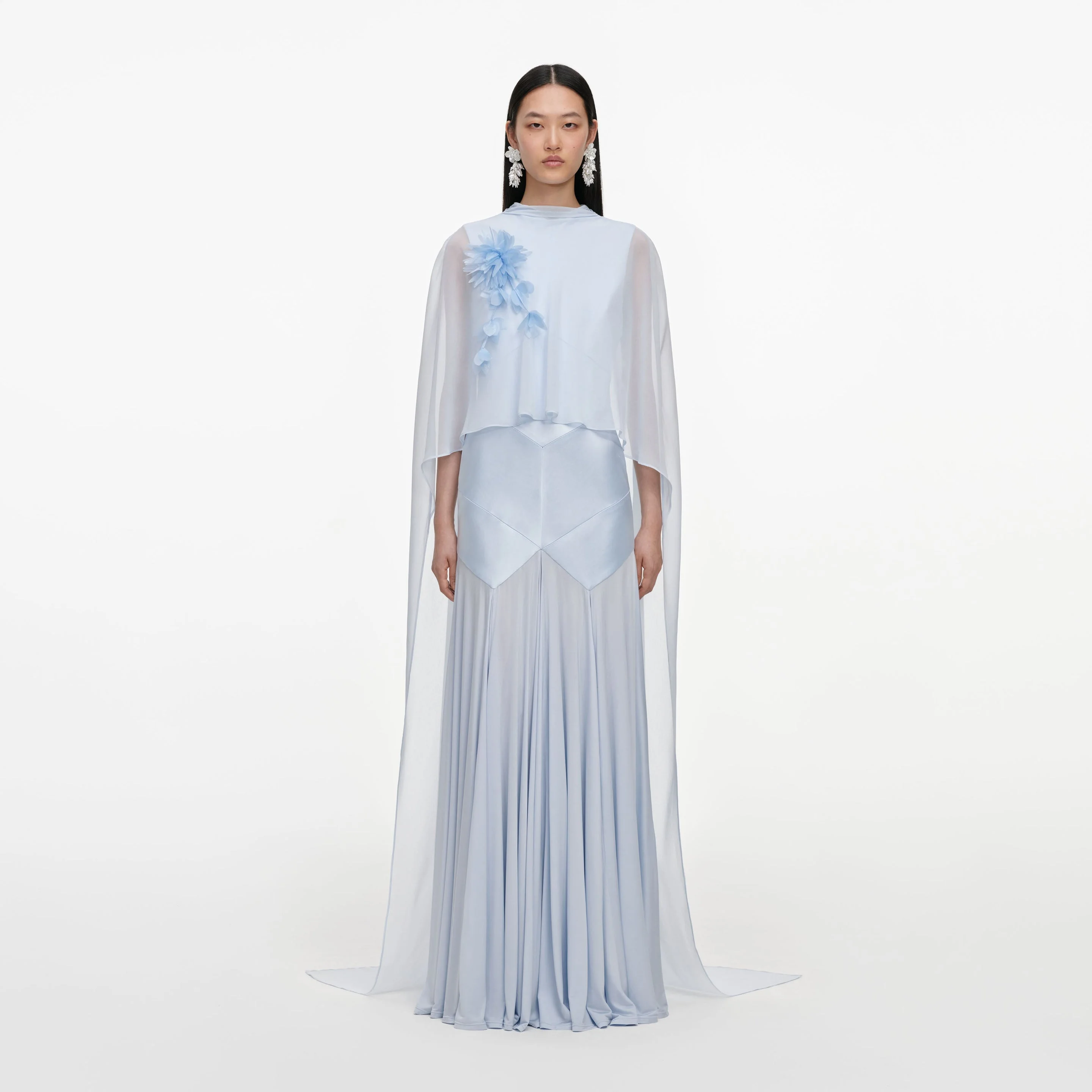 Blue Satin Jersey Cape Maxi Dress - 1