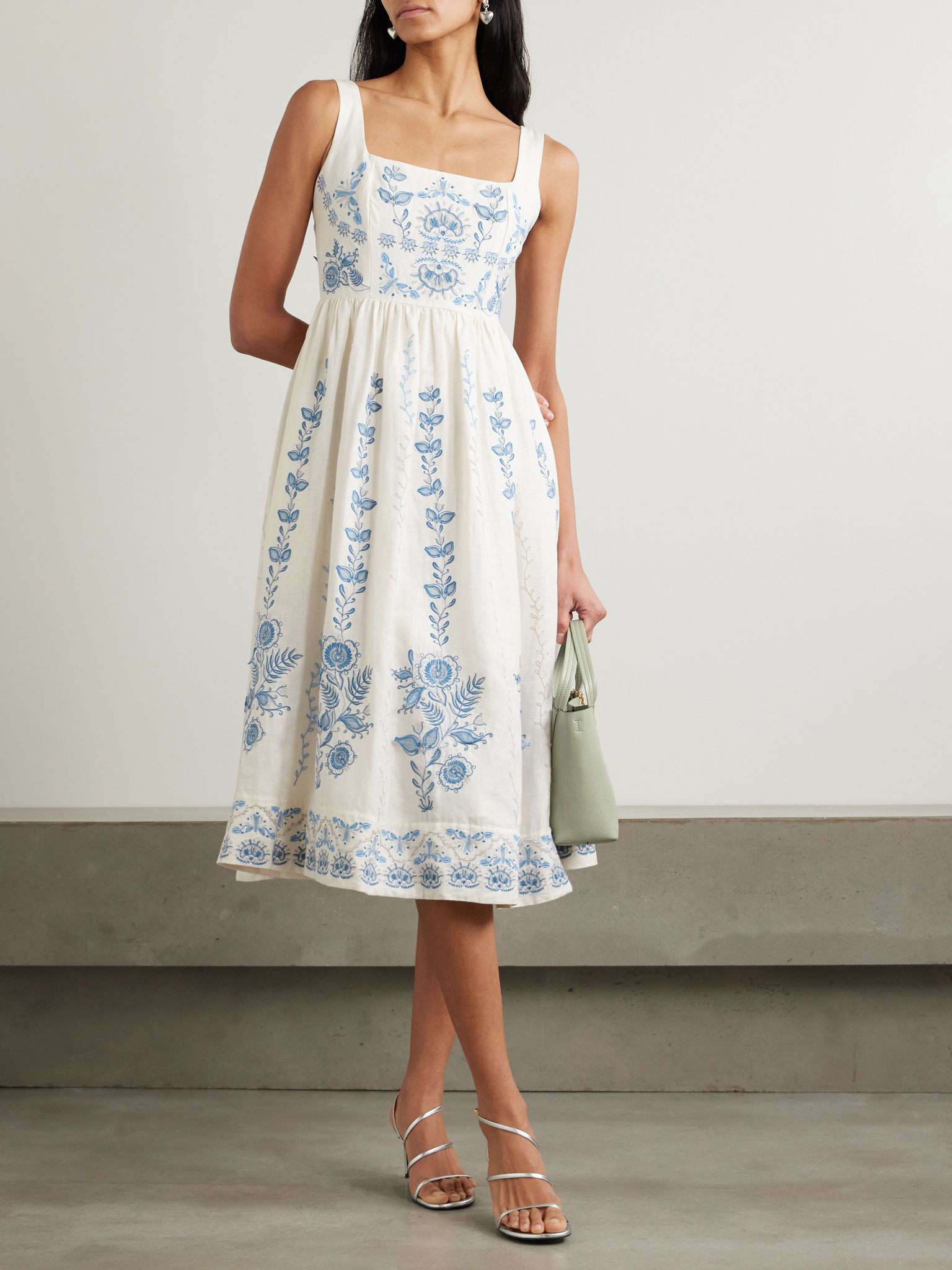 Miramar Floritura gathered embroidered linen midi dress White - 2