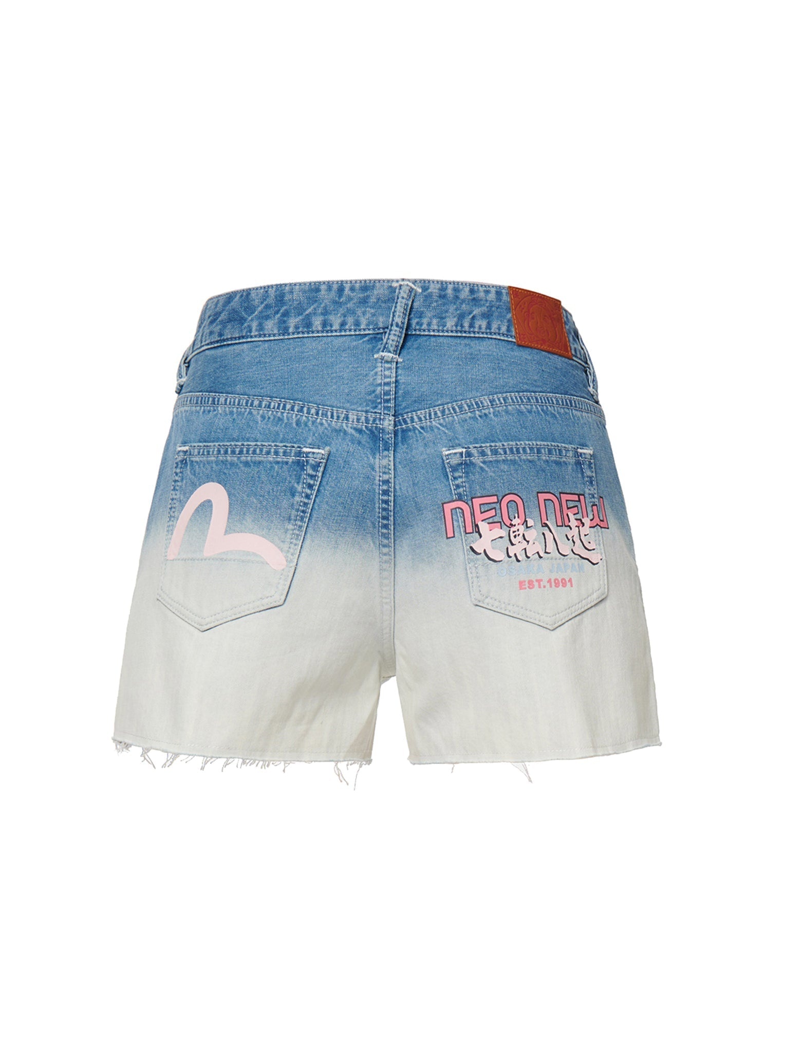 SEAGULL AND SLOGAN PRINT TIE-DYED DENIM SHORTS - 15