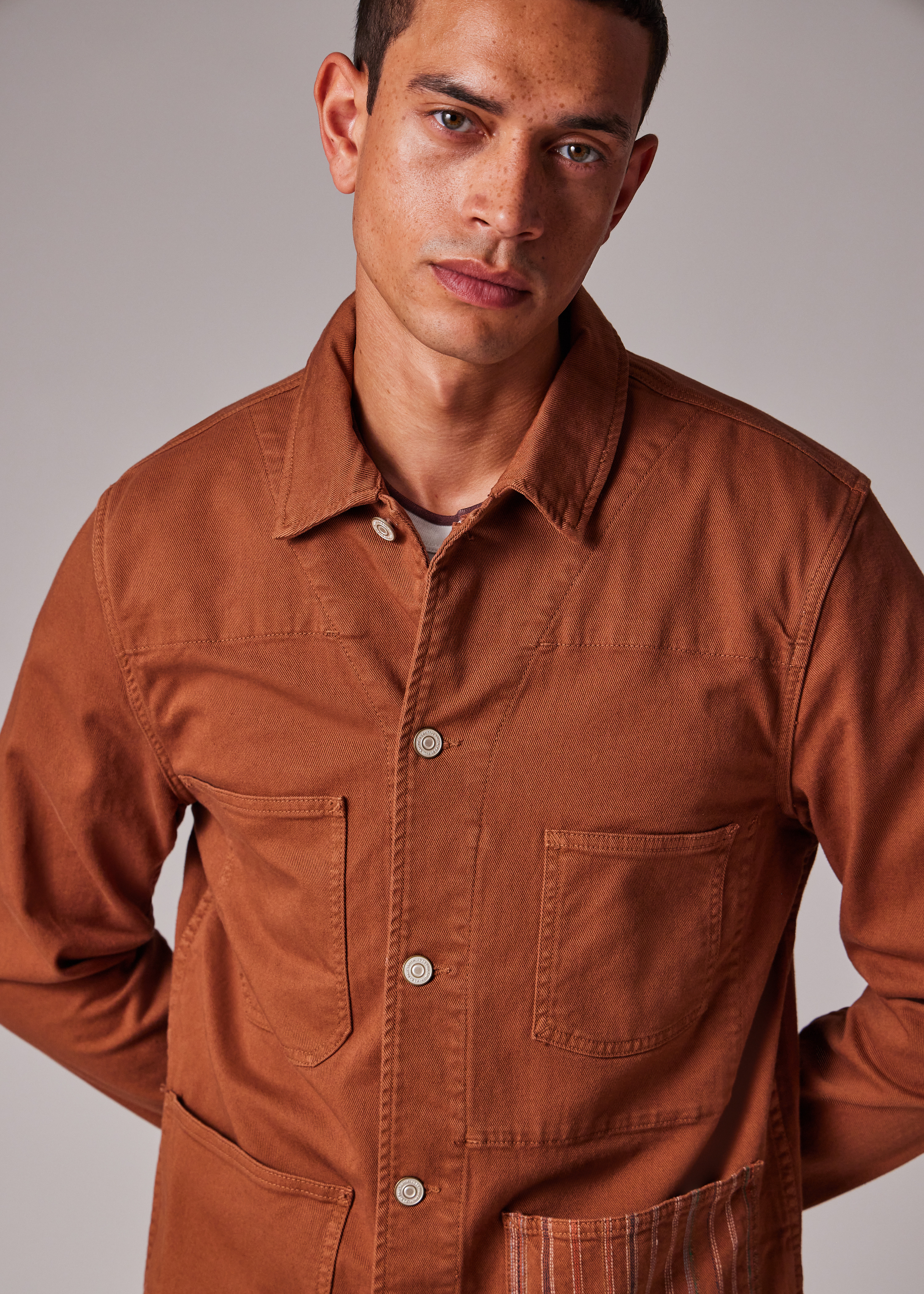 Rust Stretch Cotton-Twill Embroidered Stripe Chore Jacket - 5