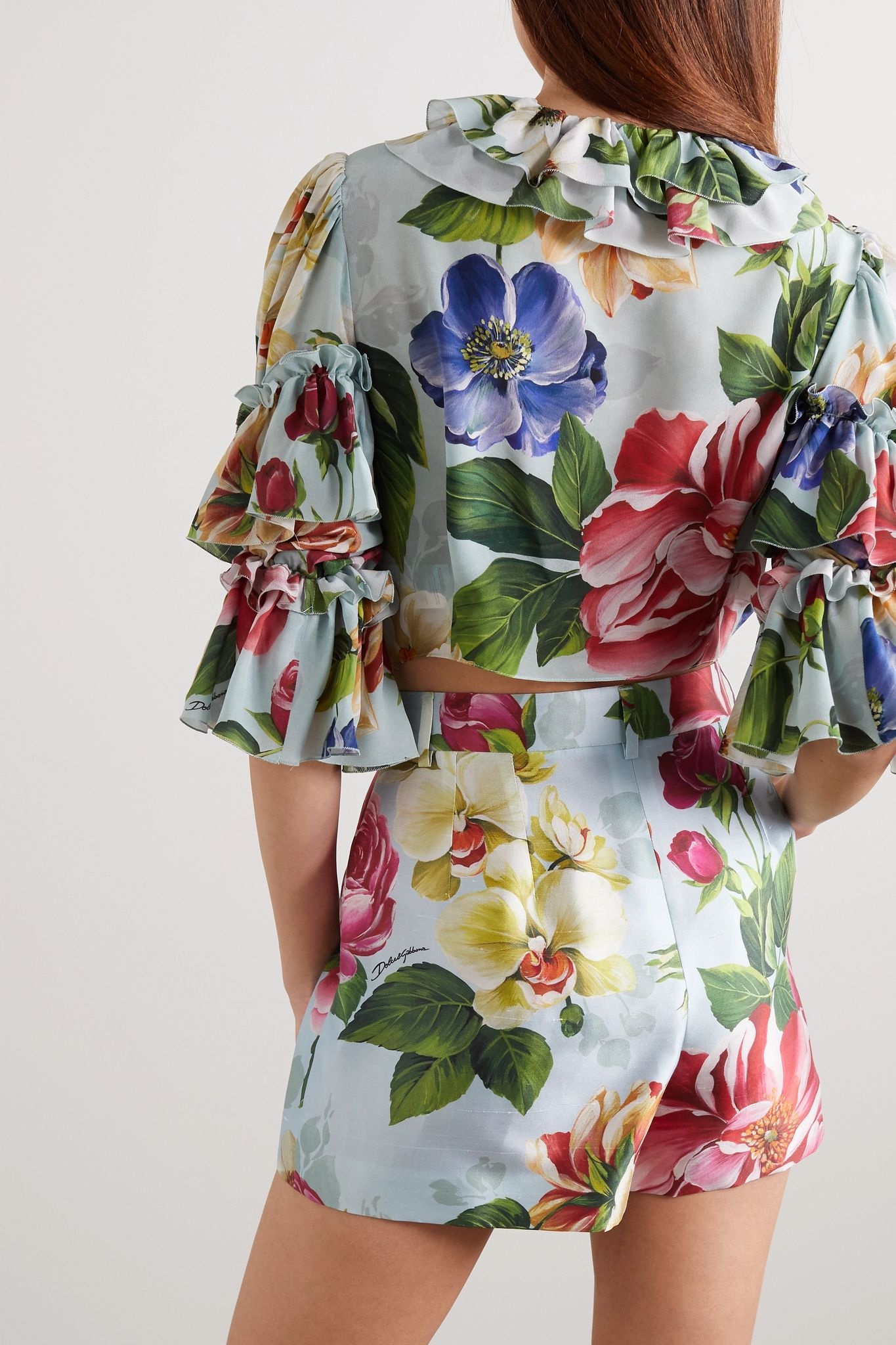 Cropped ruffled tie-front floral-print silk blouse - 4