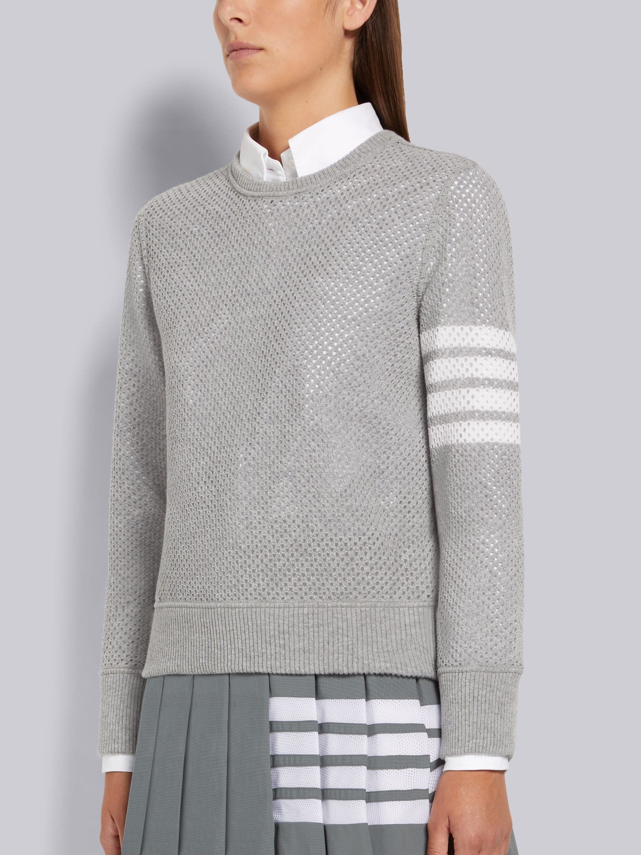 Light Grey Mesh Back Cashmere Mesh Engineered 4-Bar Crew Neck Pullover Sweatshirt - 2