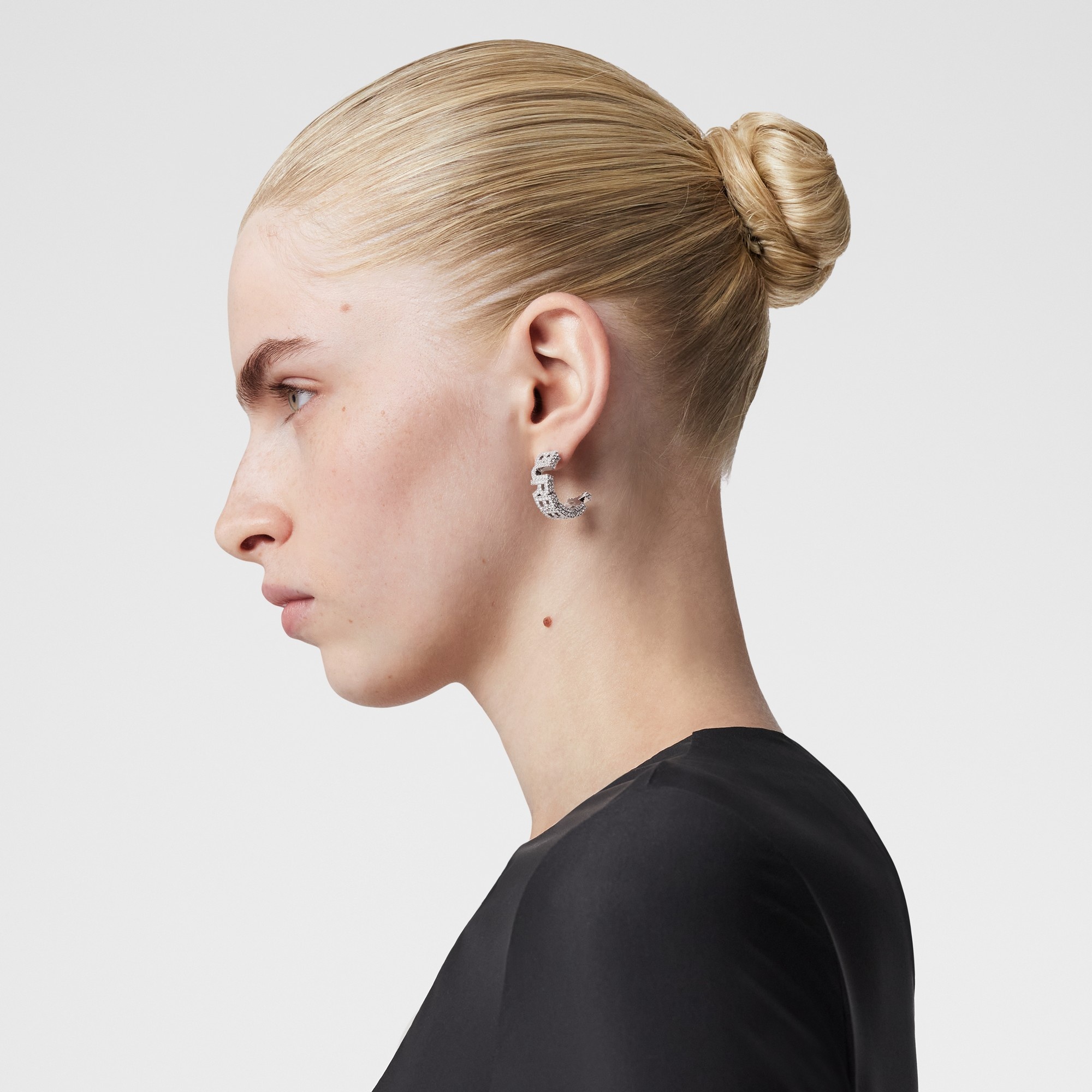 Crystal Detail Palladium-plated Logo Hoop Earrings - 3