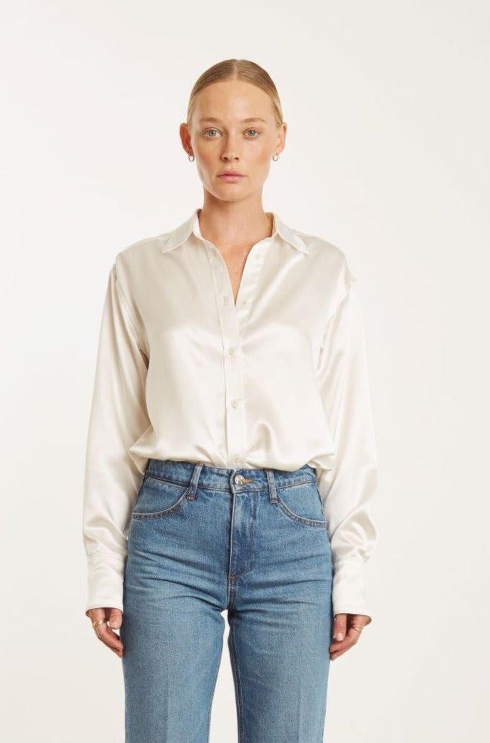 WHITE SILK SLIM BUTTON DOWN - 5