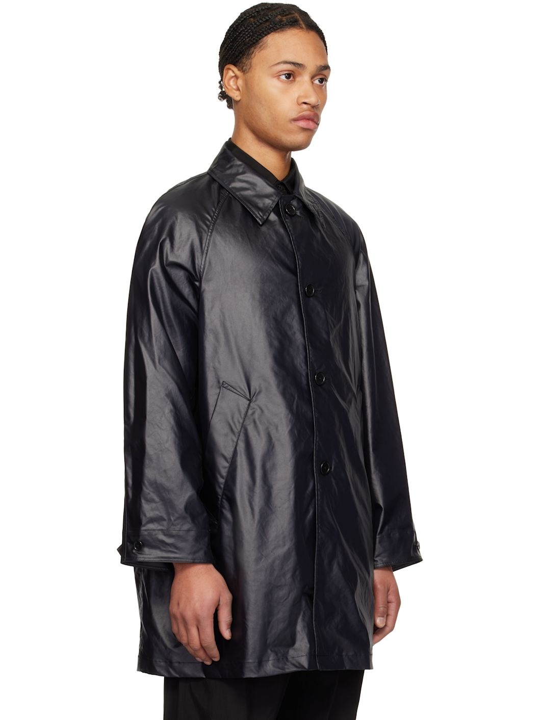 Black Leather-Like Car Coat - 2
