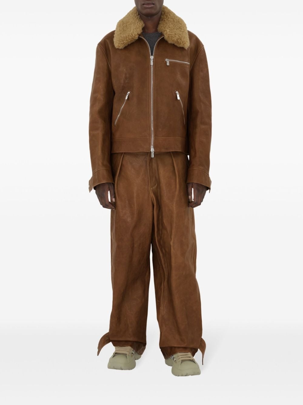 shearling-collar leather jacket - 2