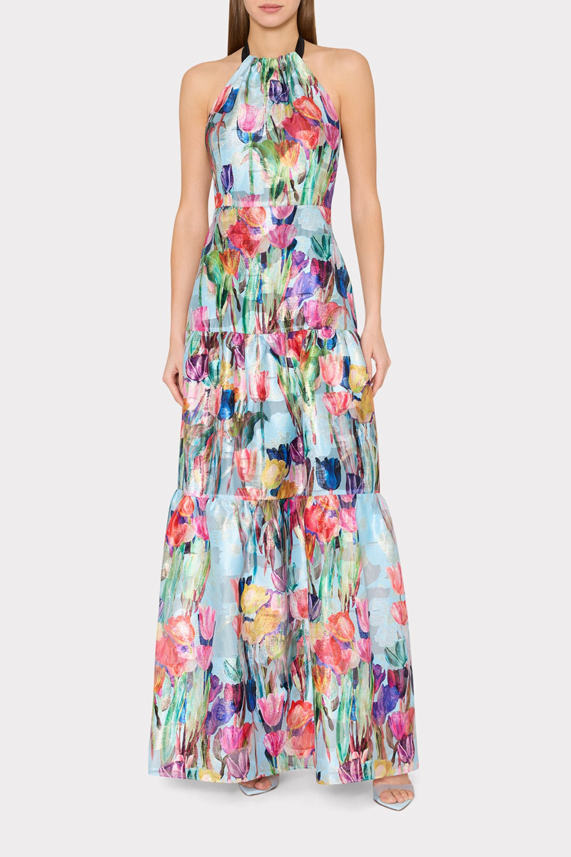 Gizelle Metallic Tulip Halter Maxi Dress 4