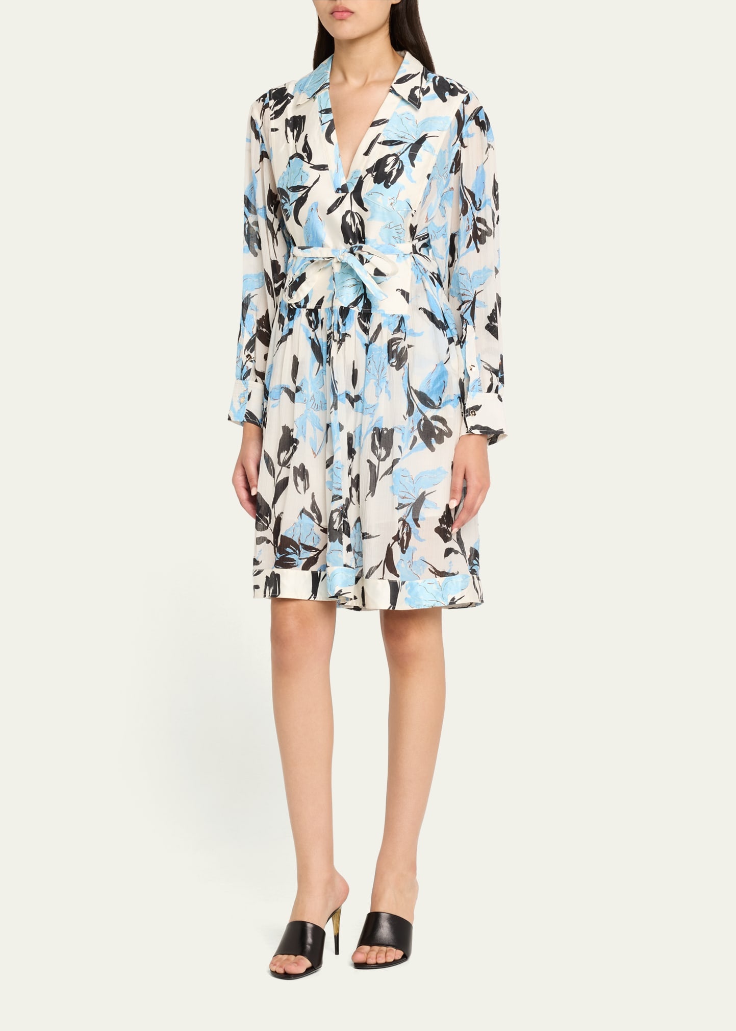 Joyful Tulips Long-Sleeve Shirt Dress with Waist Tie - 4