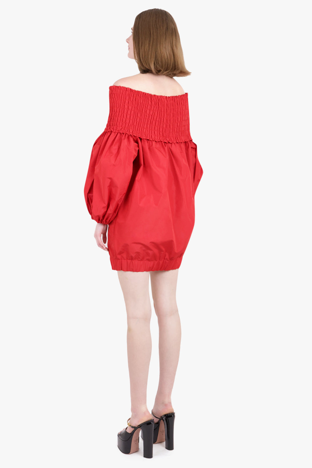 OFF-THE-SHOULDER SMOCK MINI DRESS IN ECO-FRIENDLY FAILLE | LIPSTICK RED - 3