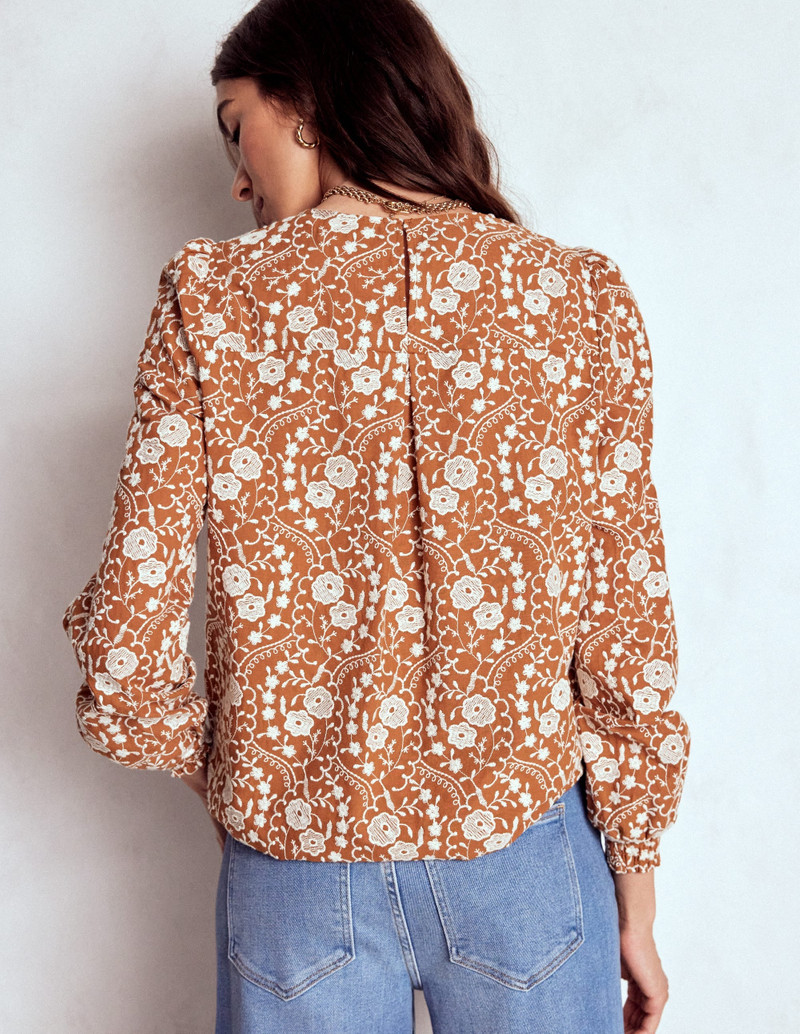 Embroidered Cotton Dobby Top-Brown 4