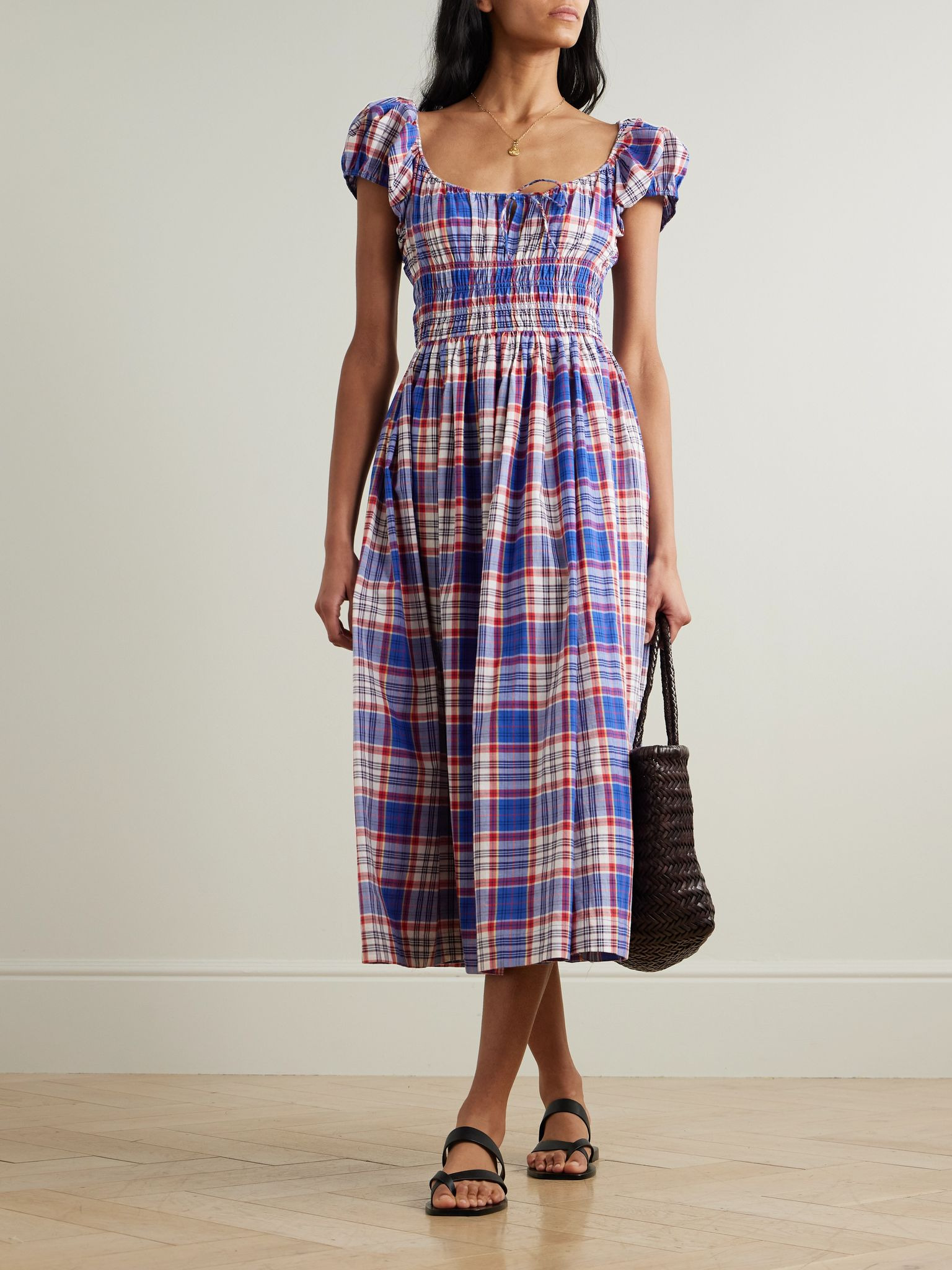 Quinn checked tie-detailed shirred cotton-poplin midi dress Blue - 2