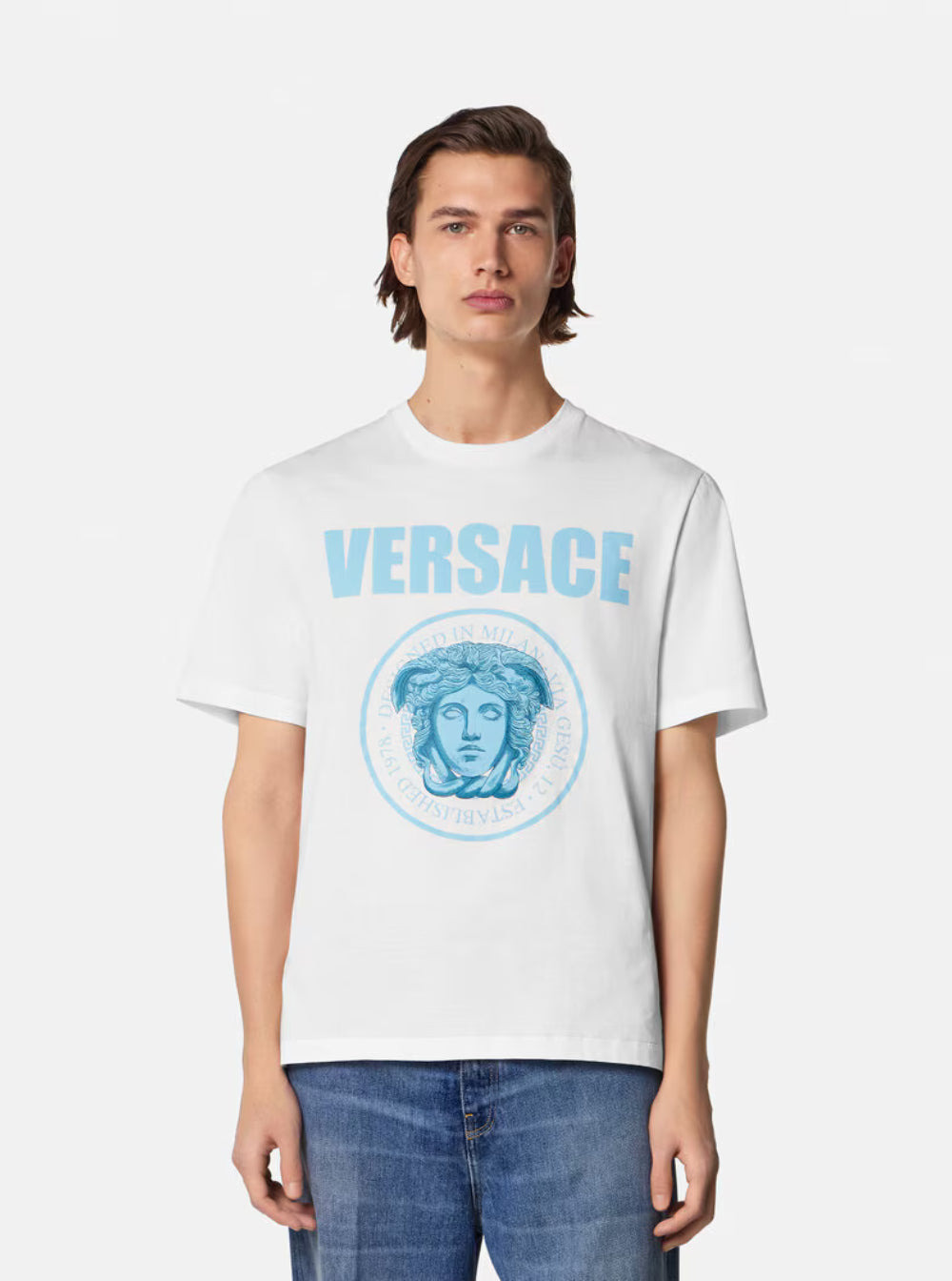 Versace Men White Crewneck T-Shirt With Maxi Logo Print On The Front In Cotton Man - 4