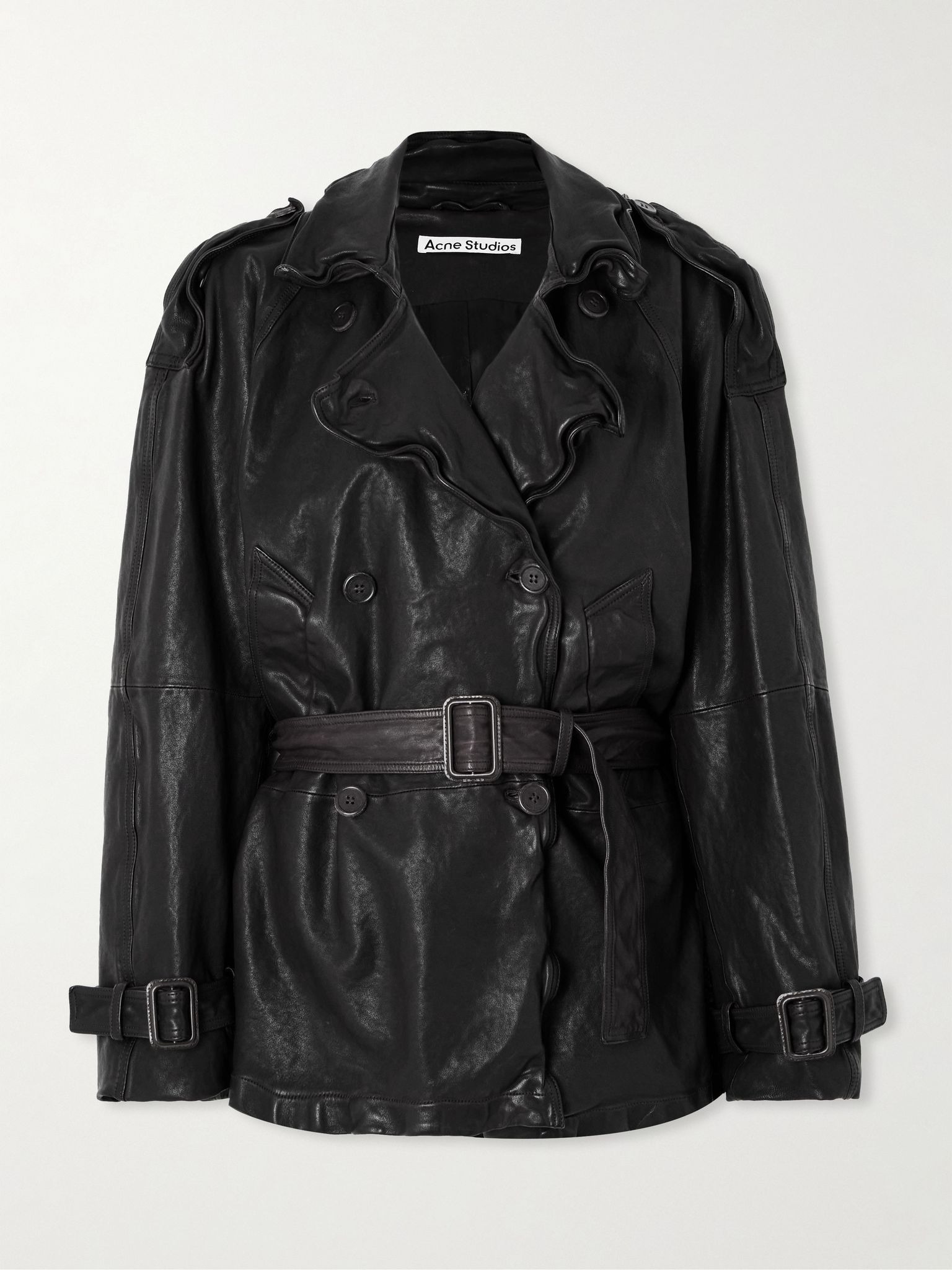 Double-breasted belted leather jacket Black - 1