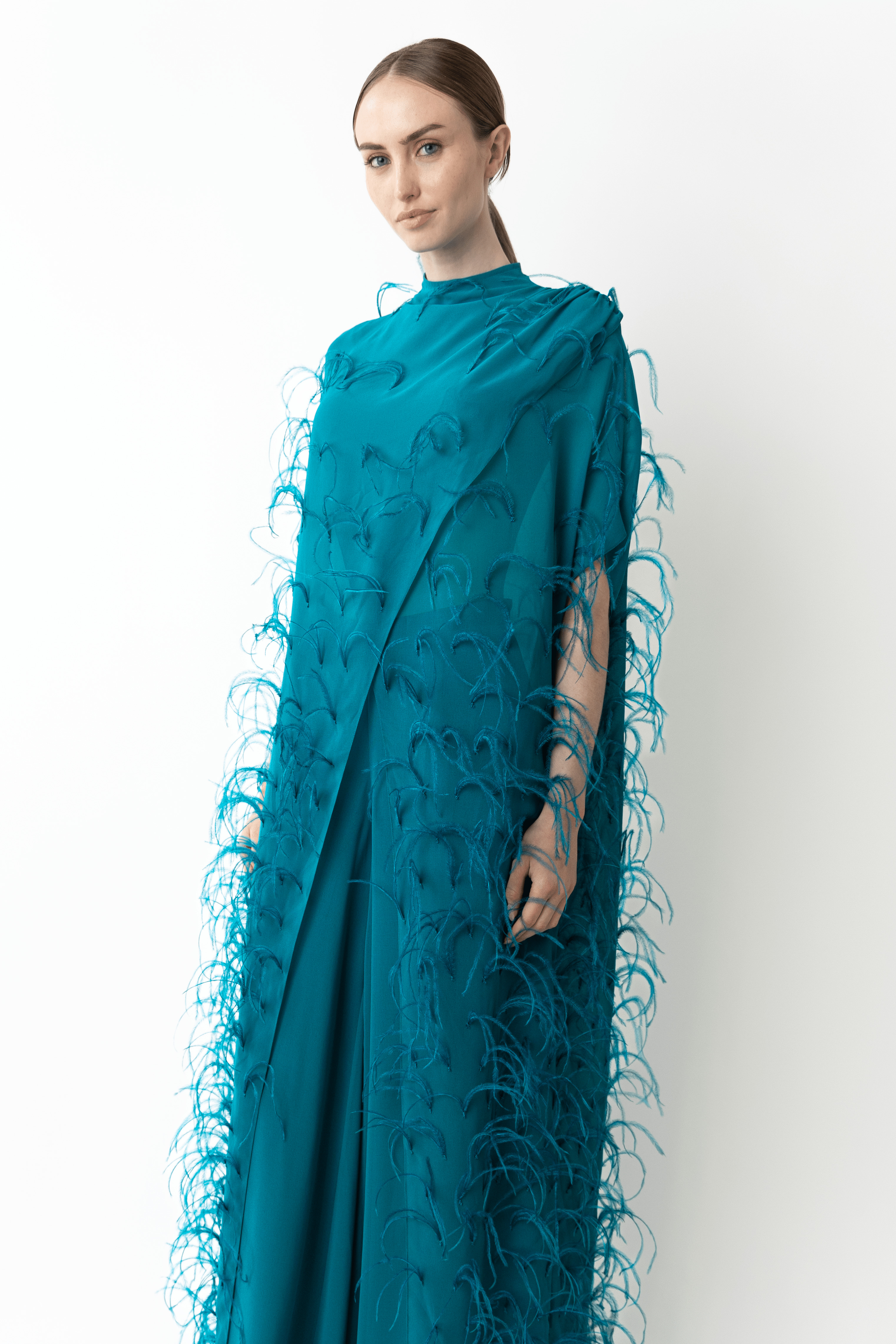 Lightweight Georgette Mock Neck Maxi Top With Feathers - 4