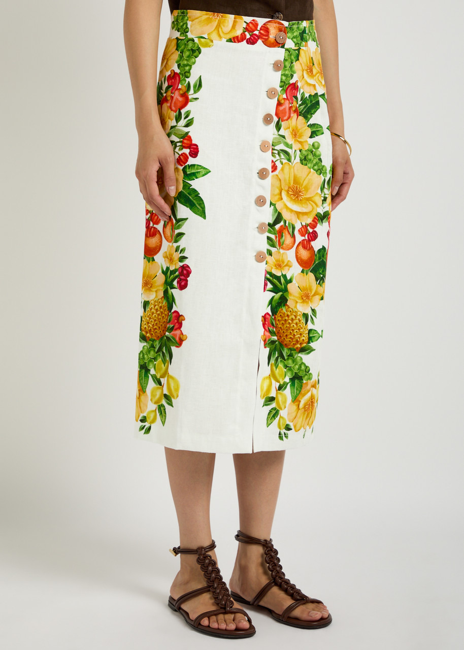 Farm Rio Picnic Flowers Printed Linen Midi Skirt - 2