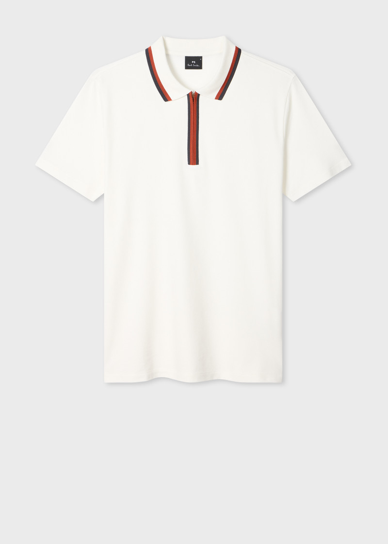White Contrast Tipping Zip Polo Shirt 1