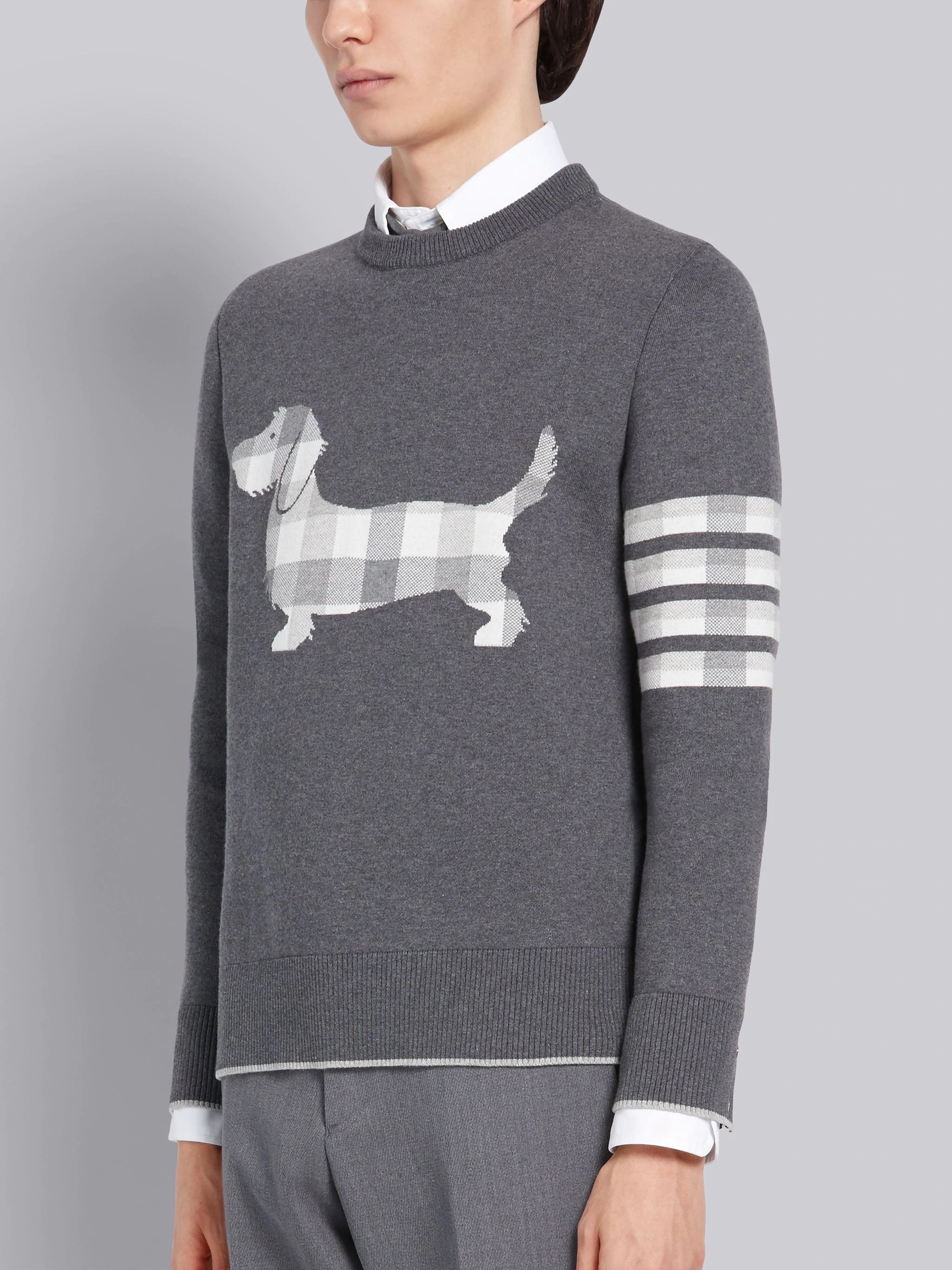 Medium Grey Cotton Crepe Buffalo Check Jacquard Hector Icon Crewneck 4-Bar Pullover - 3