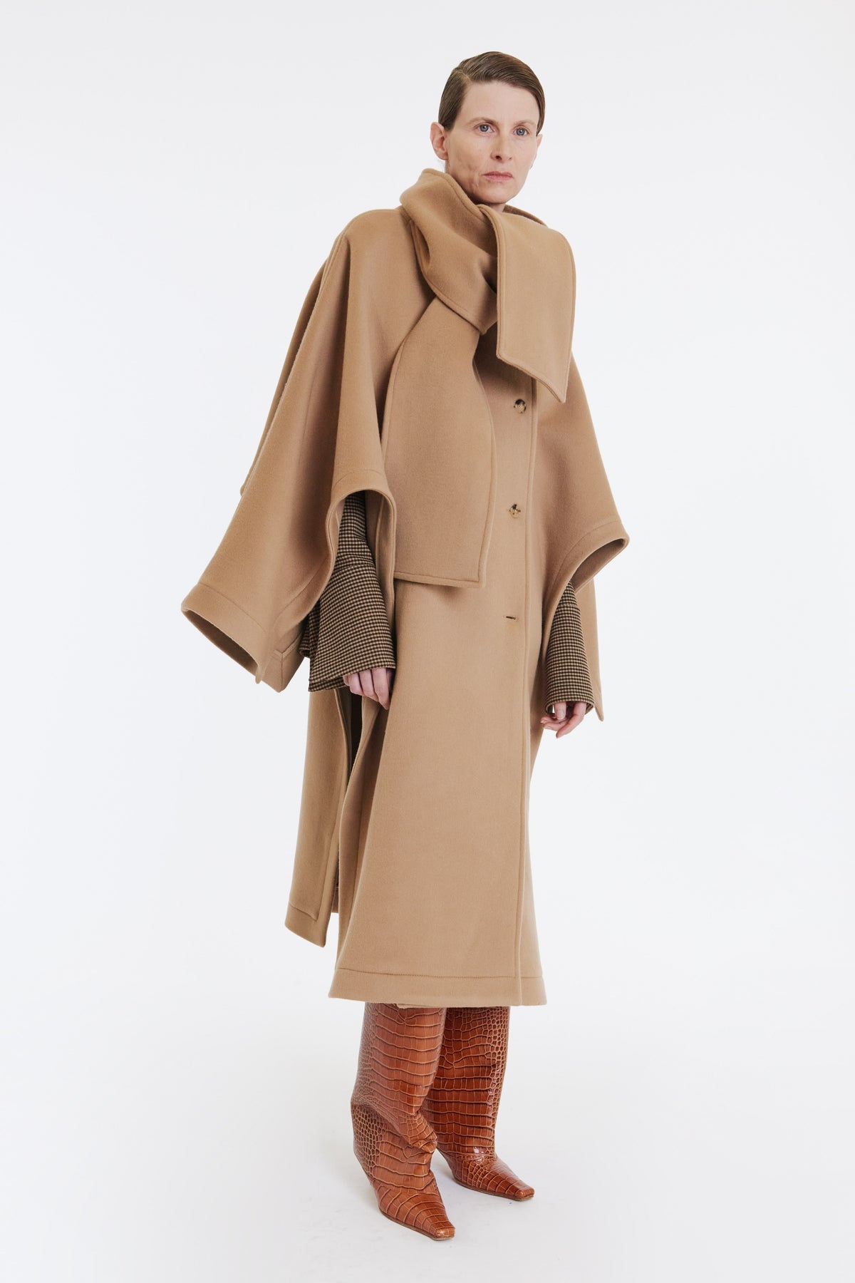 OPEN SLEEVE PONCHO COAT WITH SCARF DETAIL BEIGE - 10