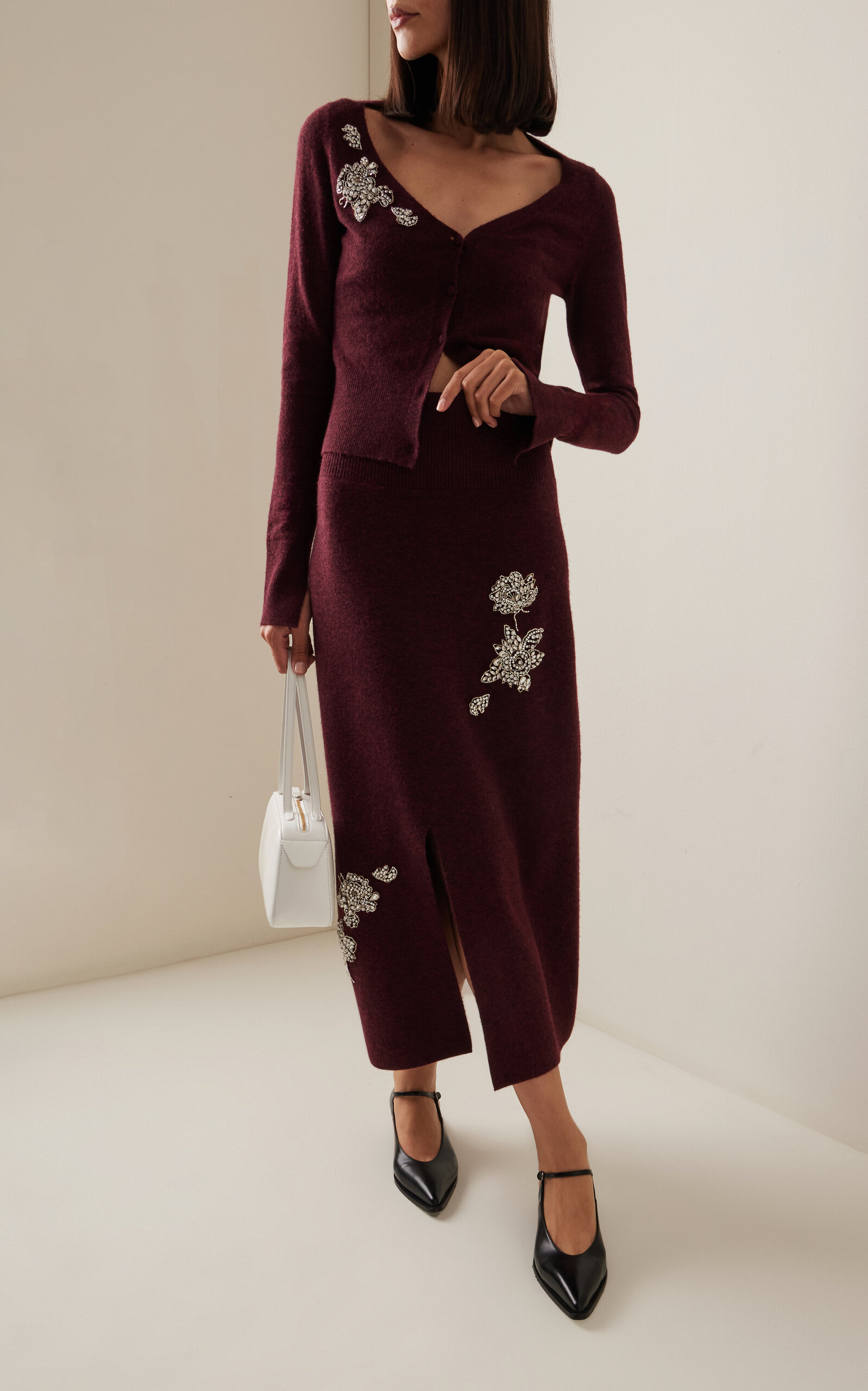 Cropped Embroidered Knit Cardigan burgundy - 3