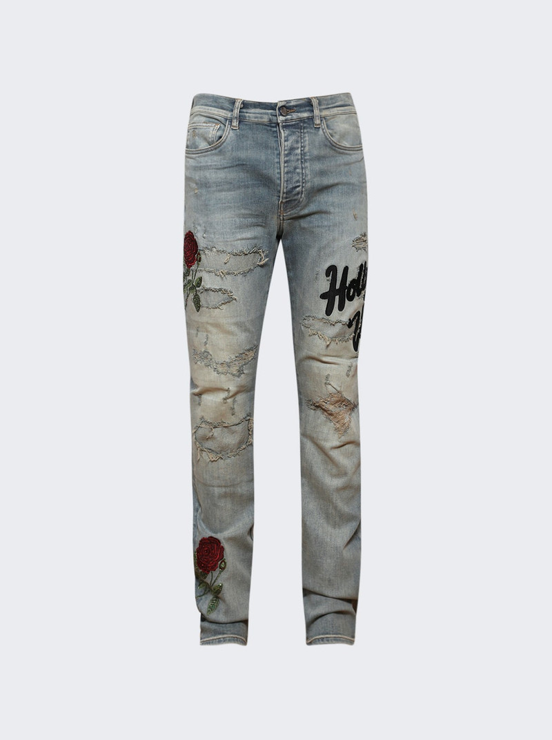 Floral Sequin Repaired Slim Jean Antique Indigo 1