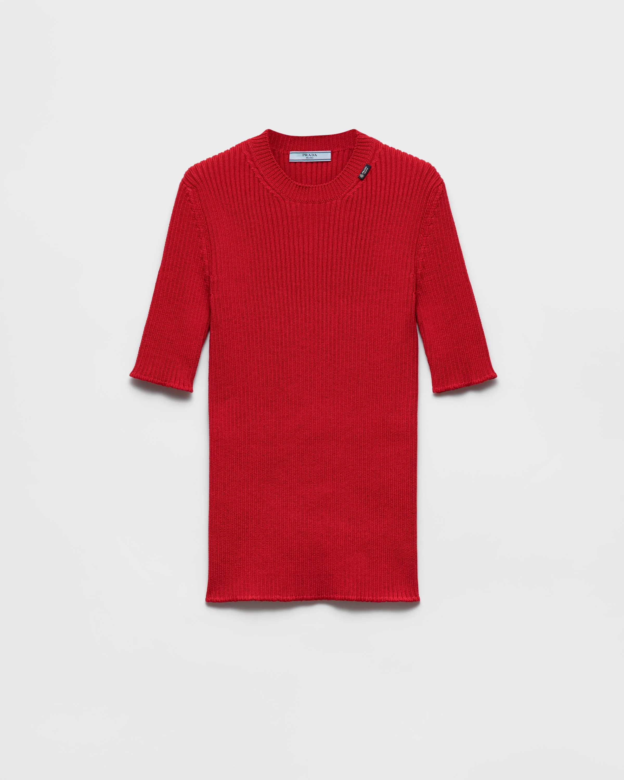 Short-sleeved ribbed knit wool sweater - 1