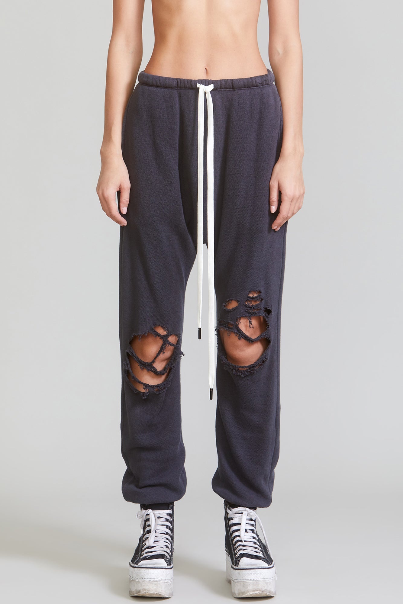 SHREDDED DROP CROTCH SWEATPANTS - WASHED BLACK - 2
