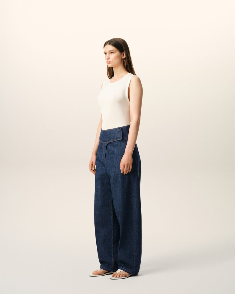 BLUE COTTON WRAPPED BELTED BALLON FIT JEANS 6