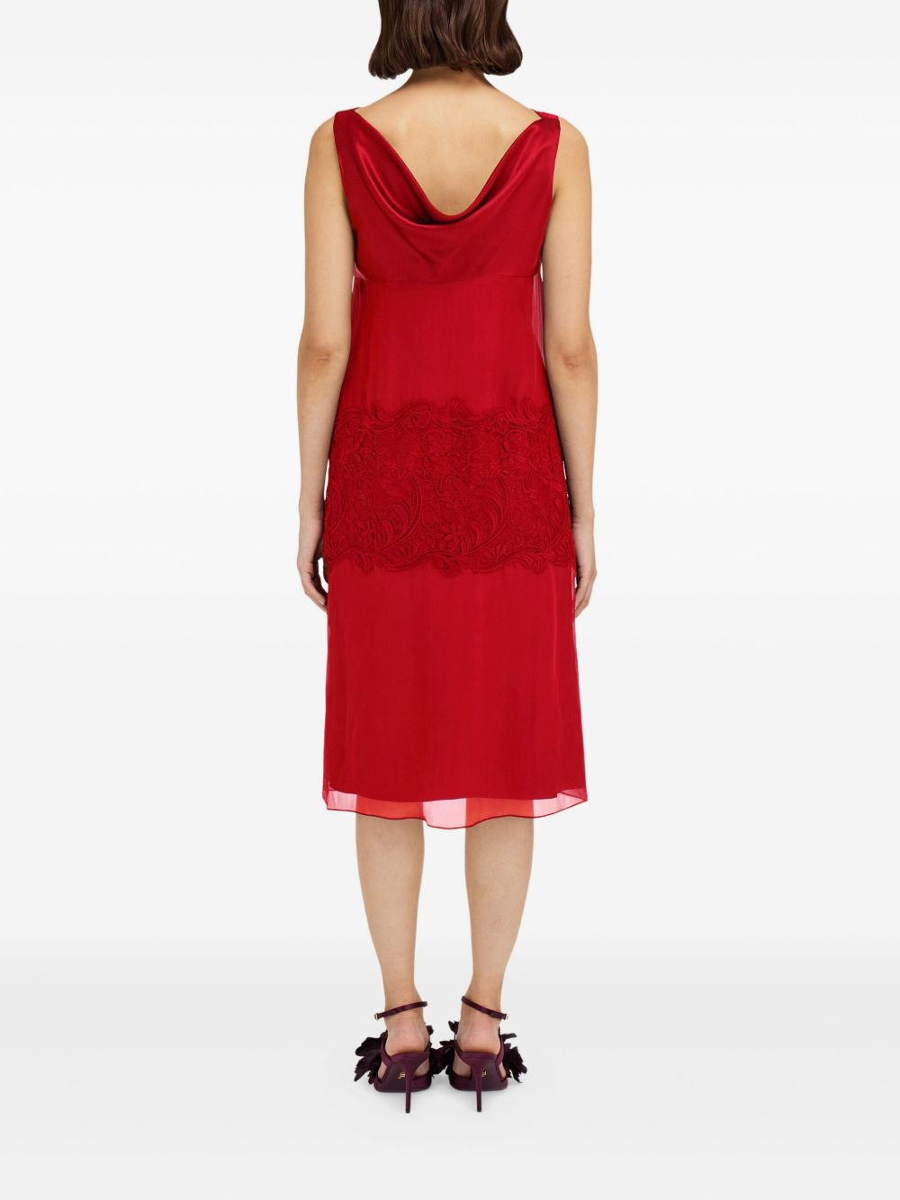 cowl-neck lace-insert midi dress - 3