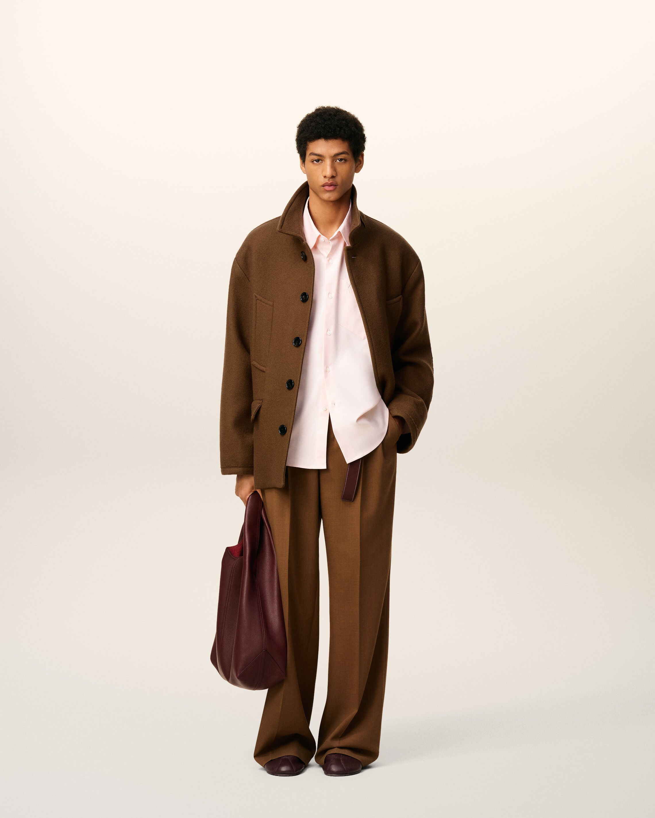 BROWN WOOL OVERSIZED HIGH COLLAR PEA COAT - 2