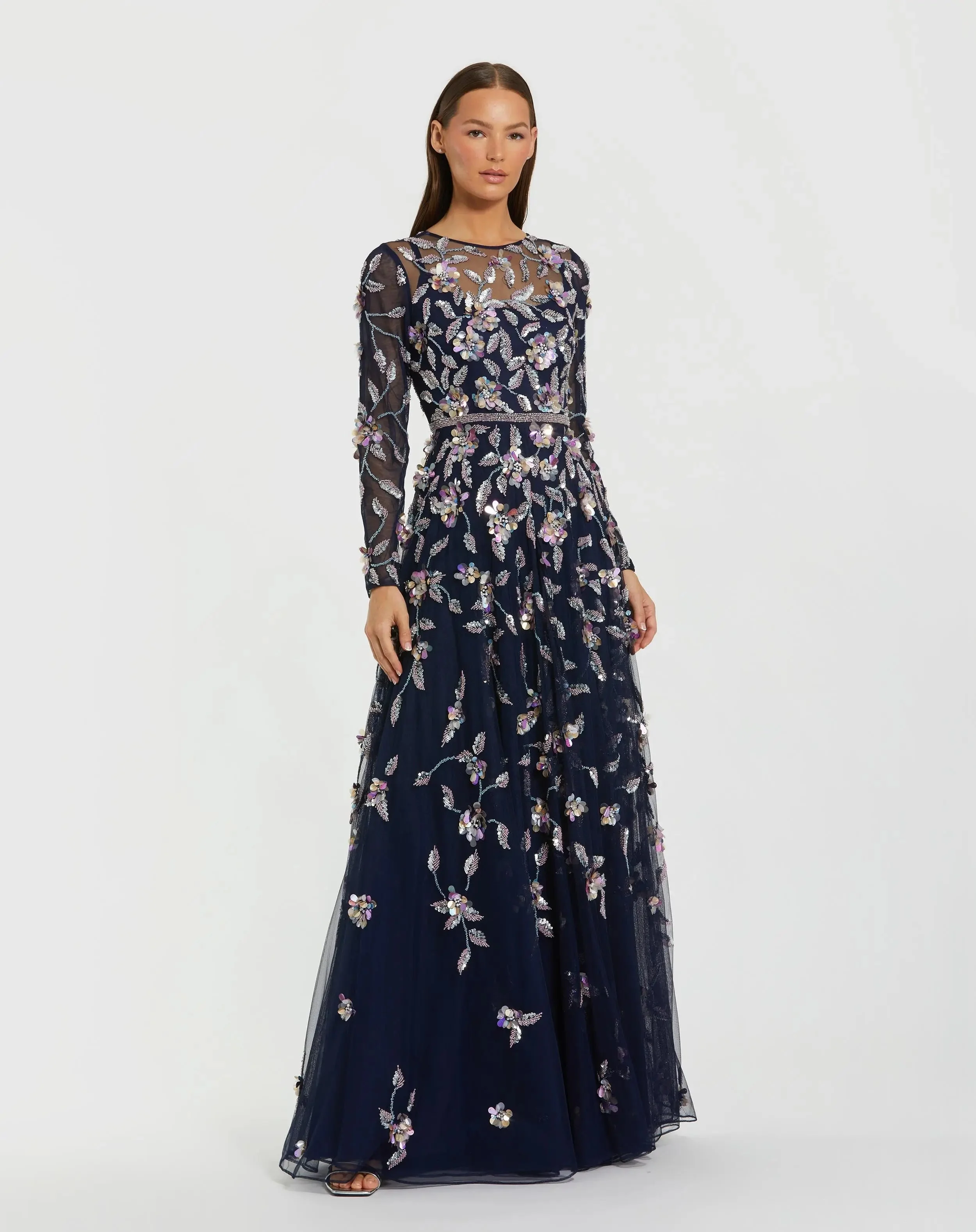 Navy Floral Embellished Evening Gown - 1