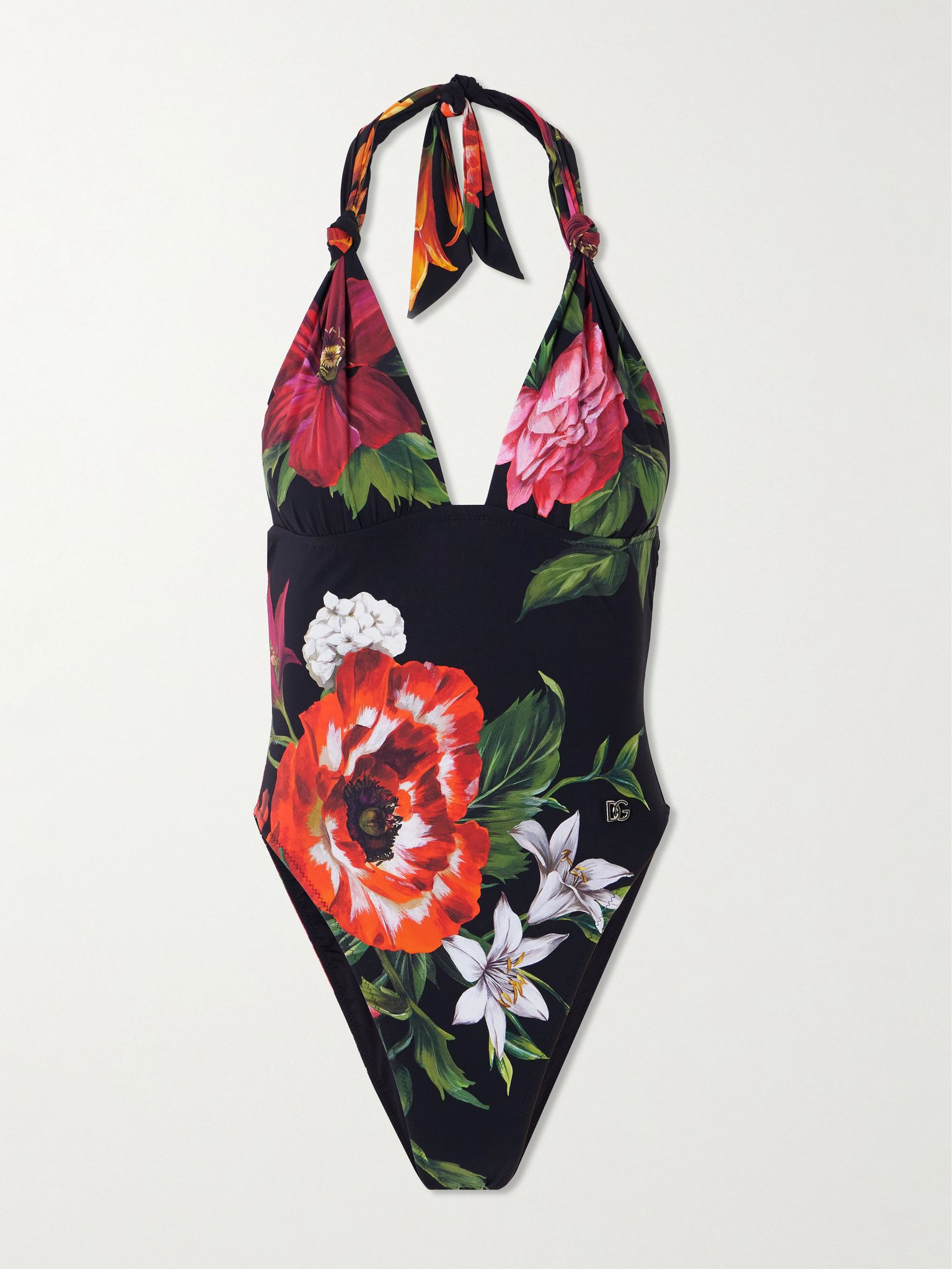 Floral-print halterneck swimsuit Black - 1