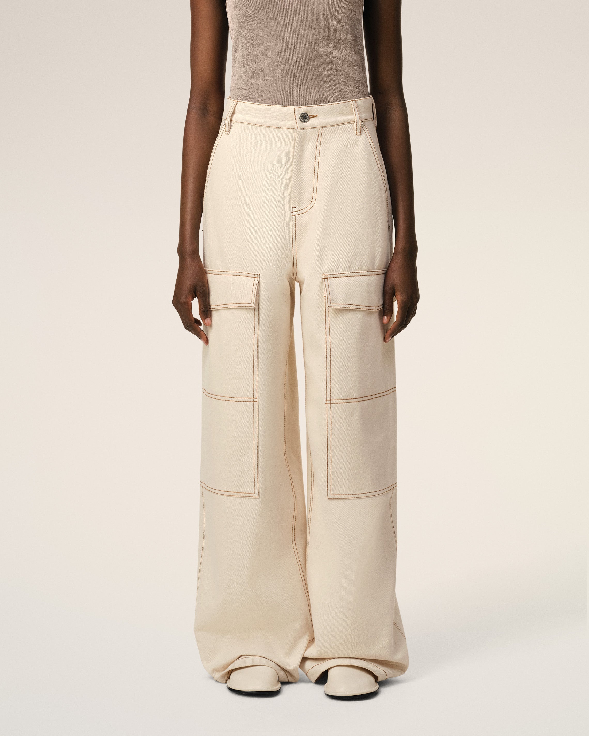 BEIGE COTTON CARGO WIDE FIT JEANS - 3