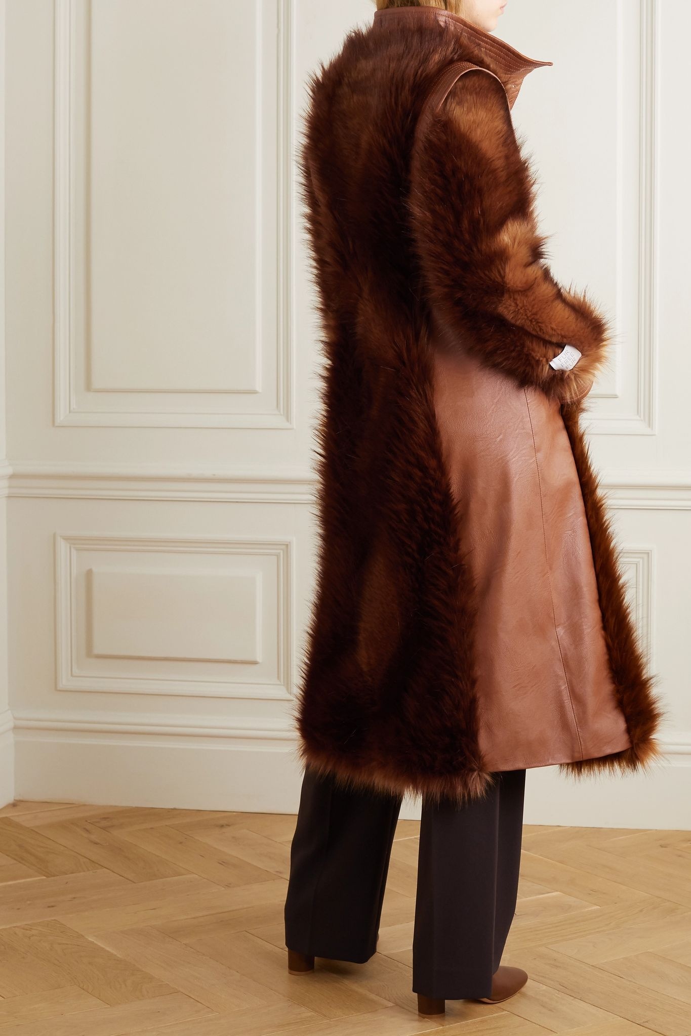 Belted vegetarian leather and faux fur coat - 4