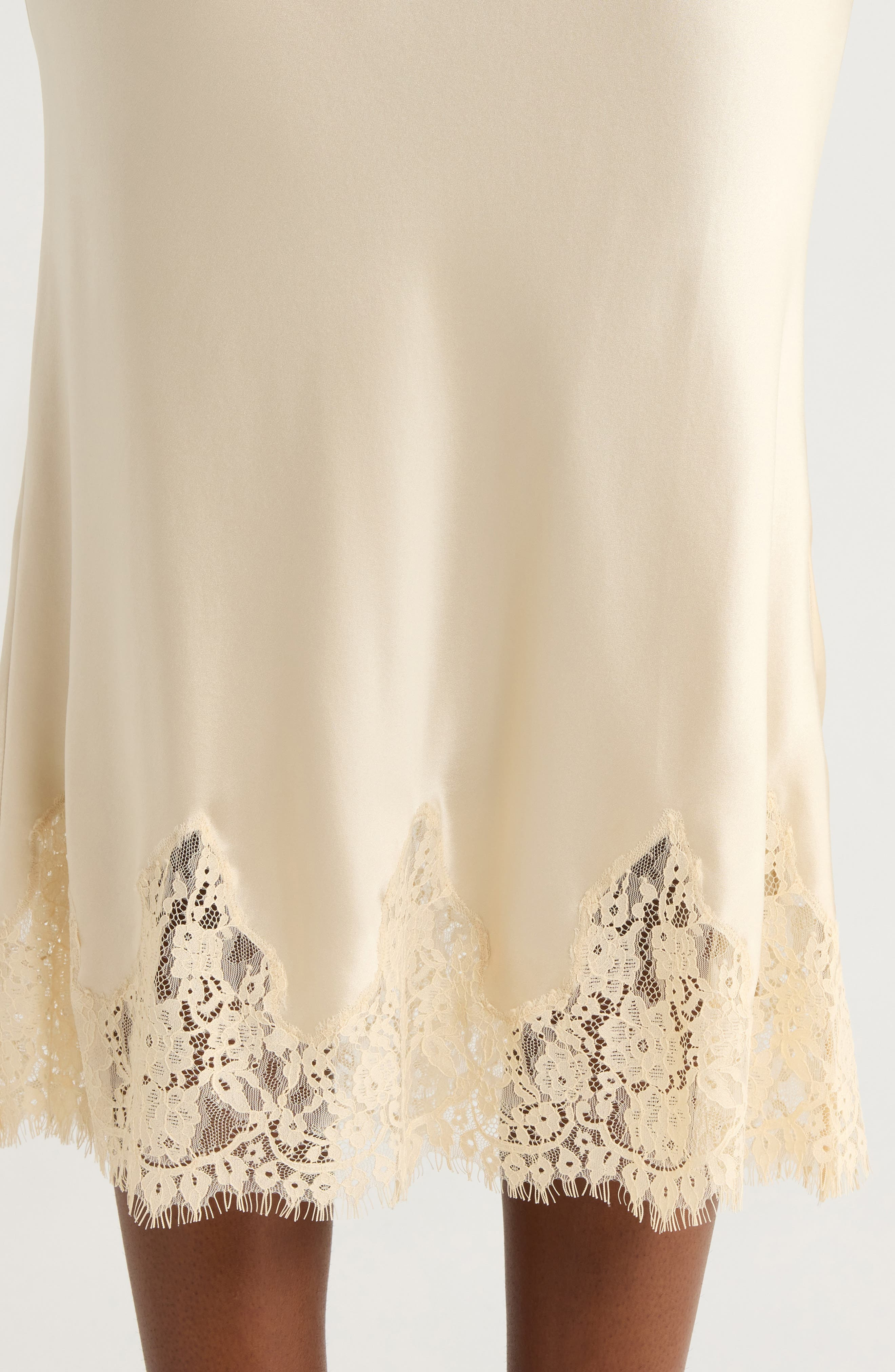 Reformation Lace Trim Silk Midi Skirt in Almond at Nordstrom - 4