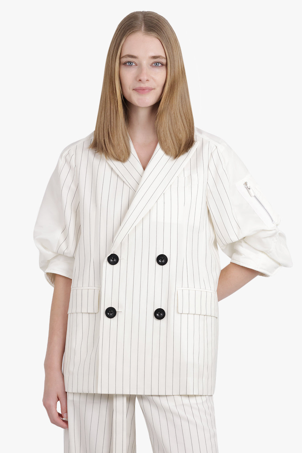 CONTRAST BALLOON S/S DOUBLE BREASTED STRIPE JACKET | OFF WHITE/BLACK - 7