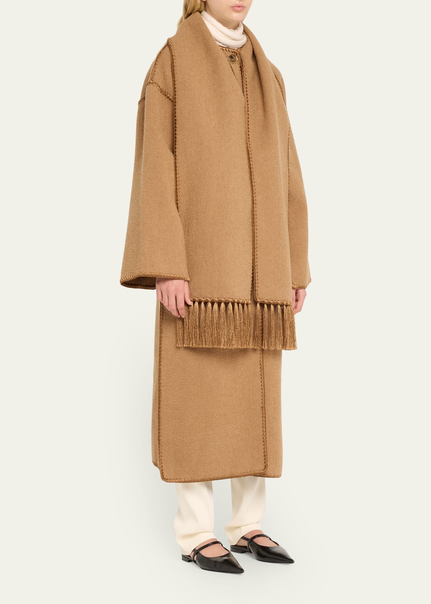 Fringe Embroidered Scarf Wool Coat - 4