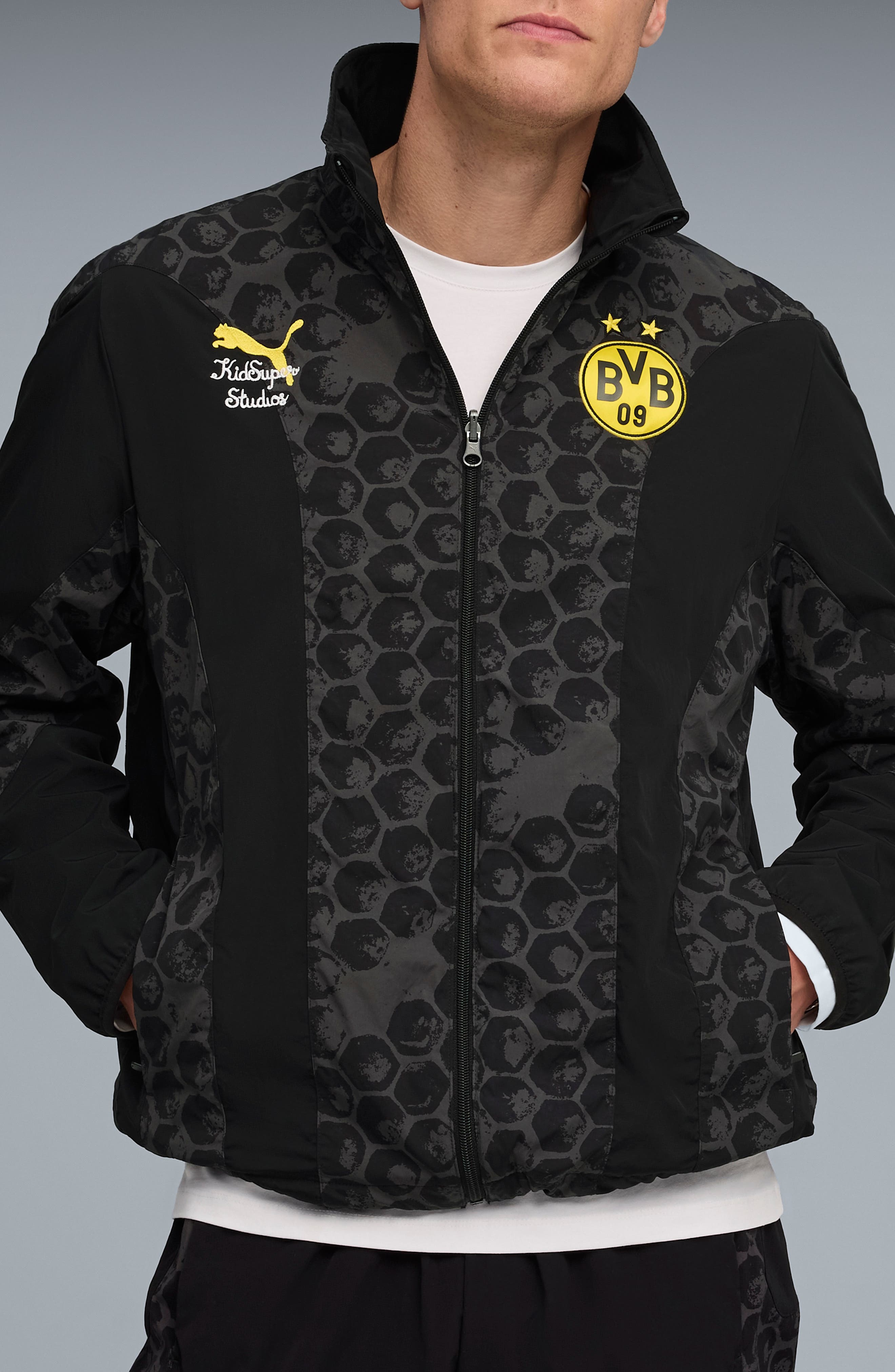 PUMA x KidSuper BVB Reversible Nylon Jacket in Puma Black-Faster Yellow at Nordstrom - 1