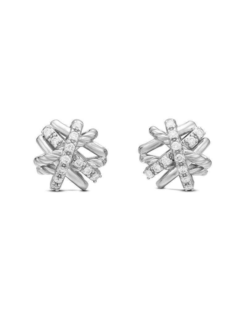 Women's Crossover Stud Earrings in Sterling Silver with Diamonds, 11mm - Diamond 1