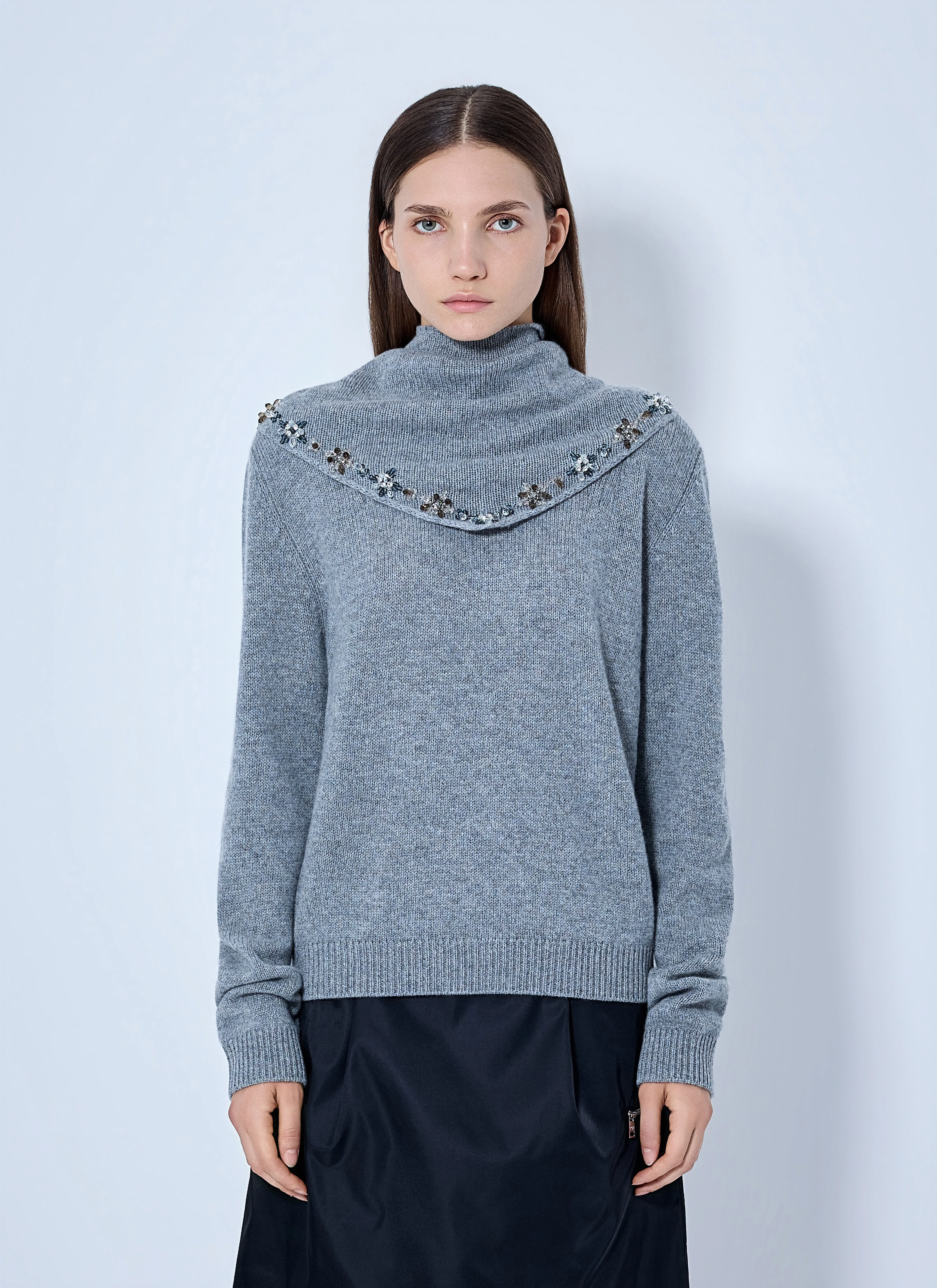 Embroidered-Scarf Cashmere Sweater - 1