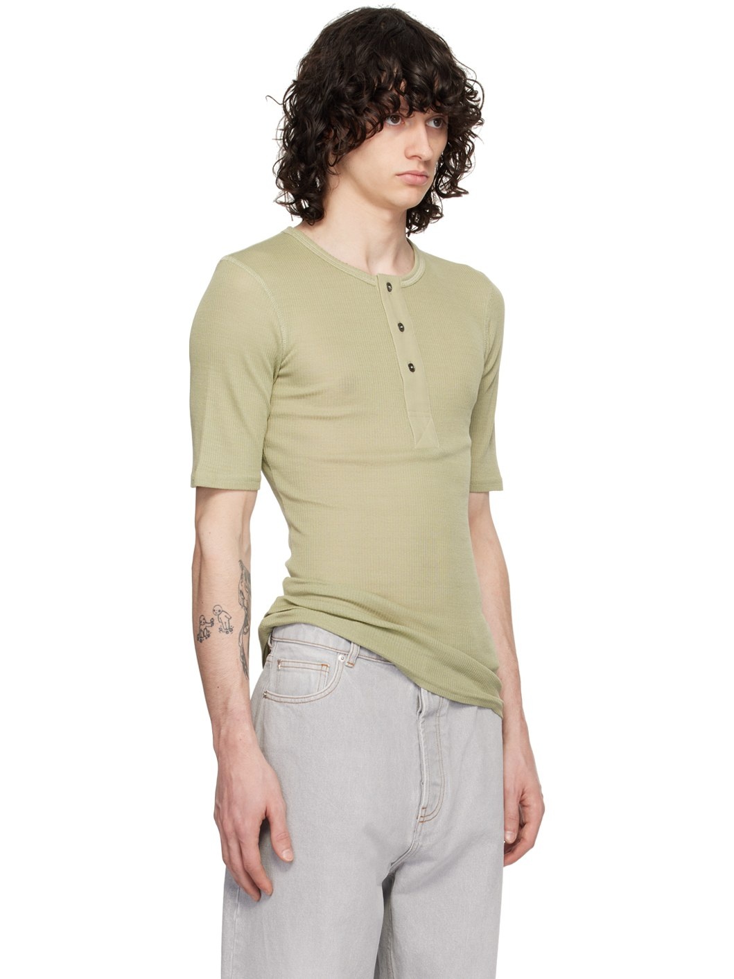 Green Ribbed Henley - 2