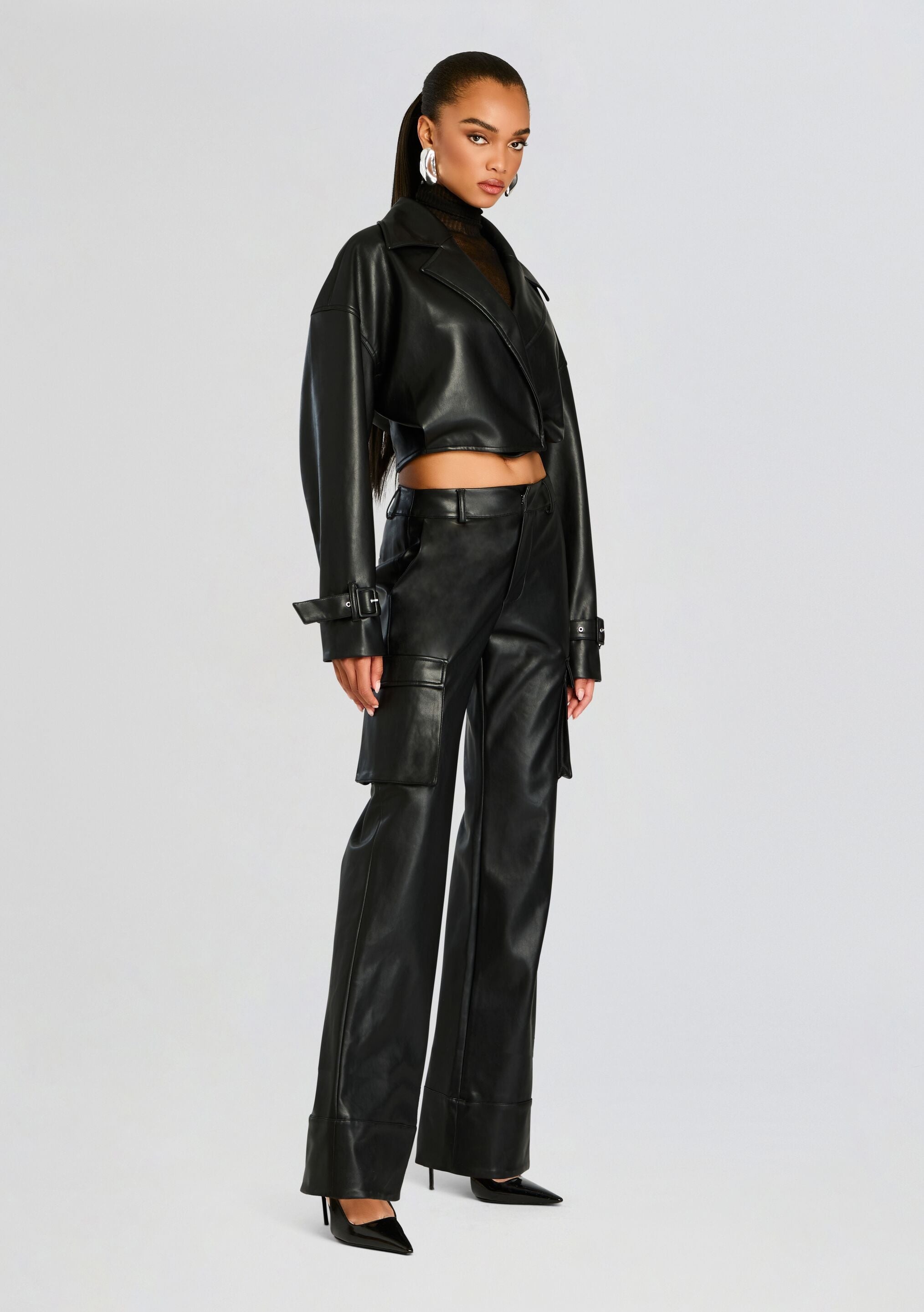 FIFER VEGAN LEATHER MID RISE CARGO PANT - 3