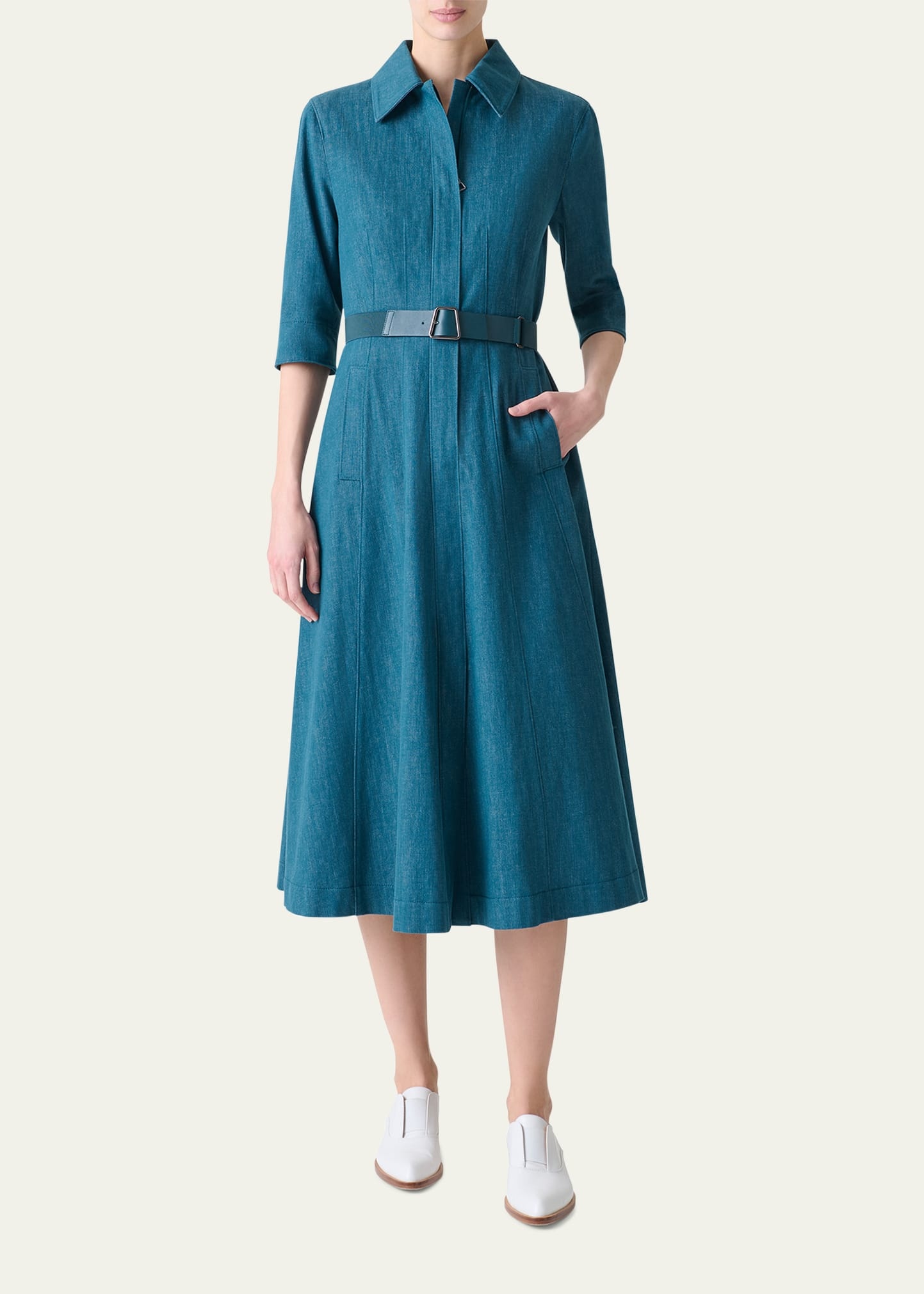 Belted Cotton Denim Stretch Midi Dress - 2