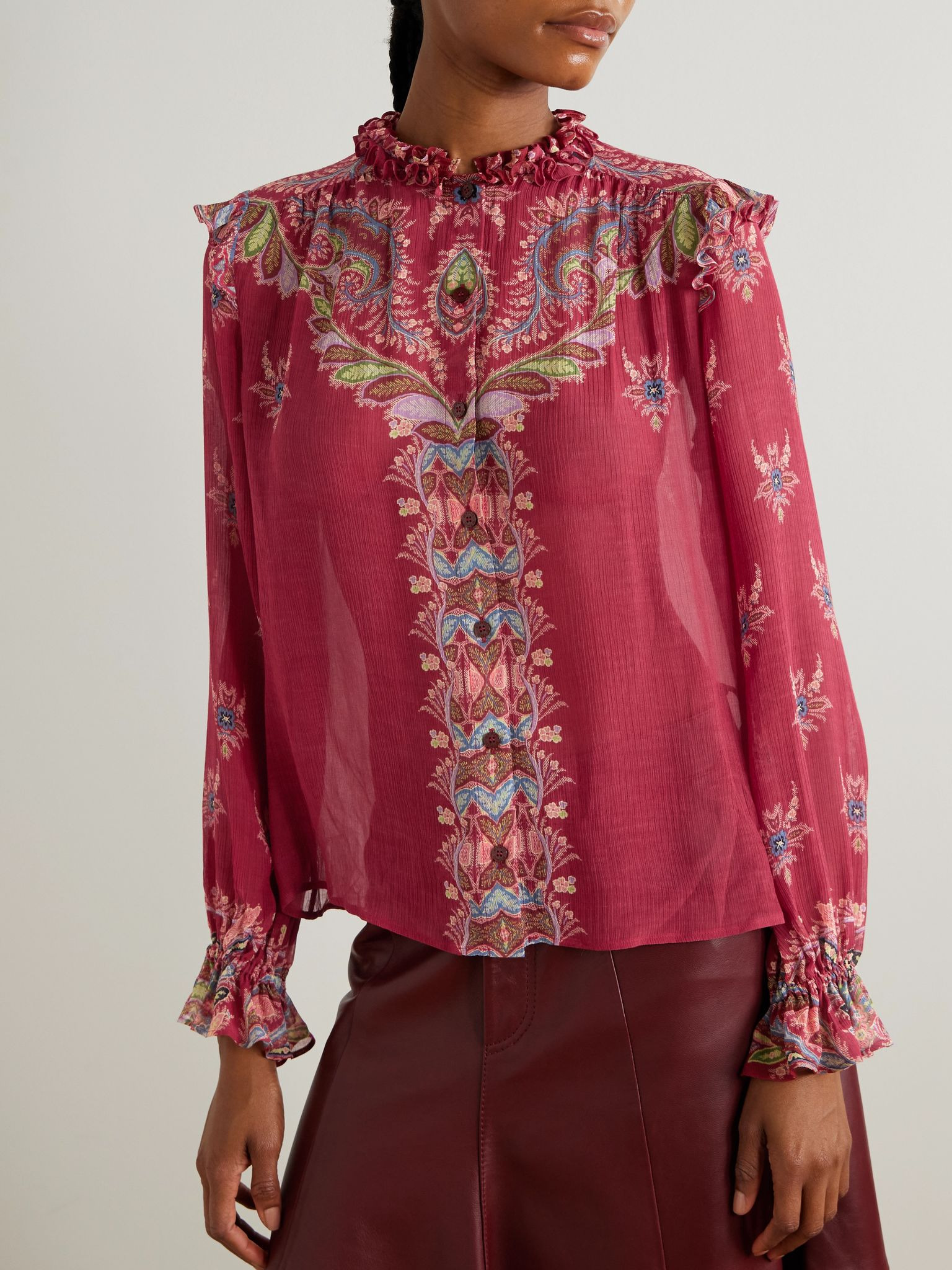 Boho ruffled printed chiffon blouse Red - 3