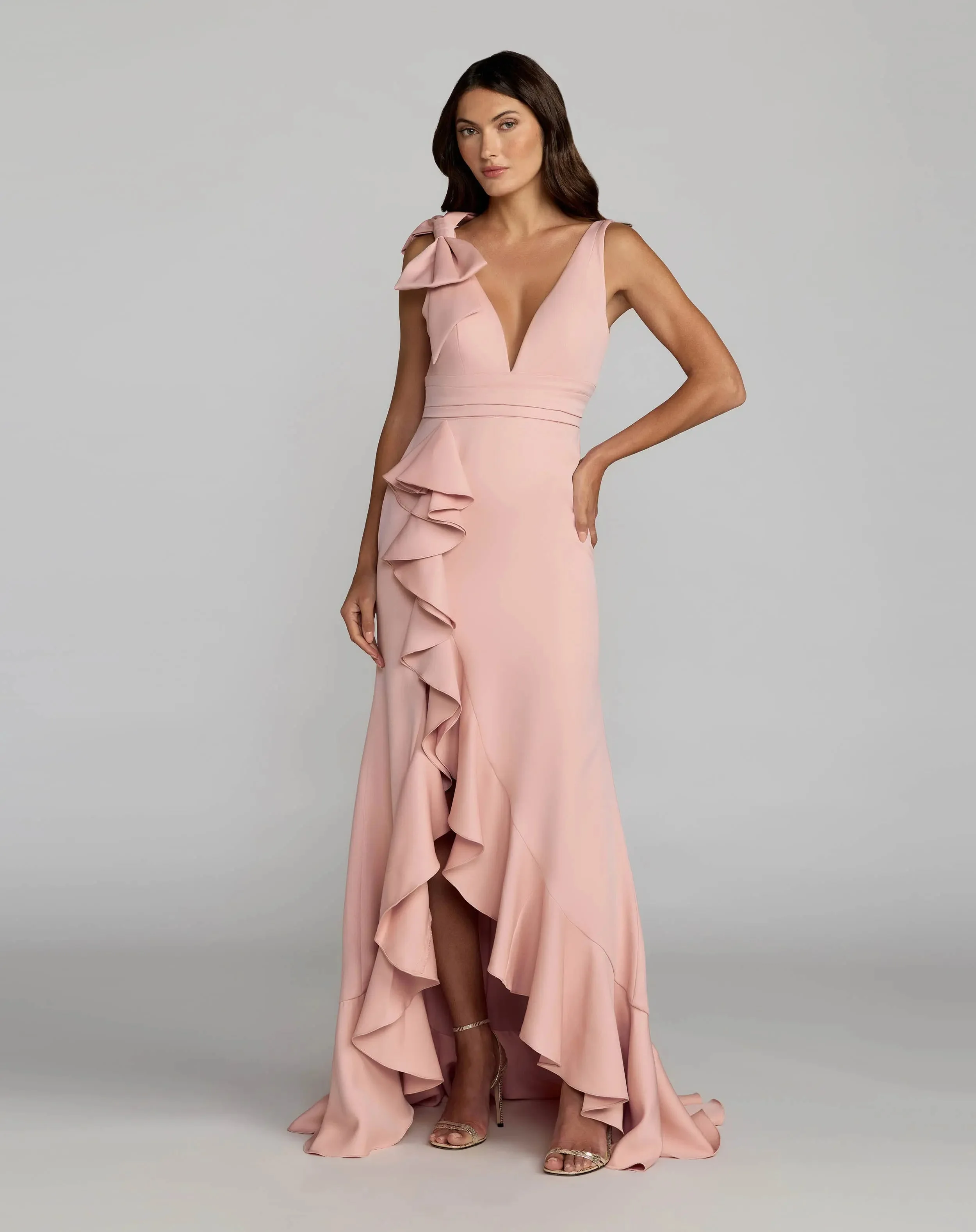 Pink Ruffle Trumpet Gown With Bow - 1