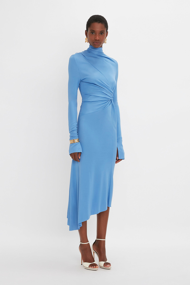 Victoria Beckham High Neck Asymmetric Draped Dress In Oxford Blue -  1124JDR005085A-OXFORD-BLUE-4 | REVERSIBLE