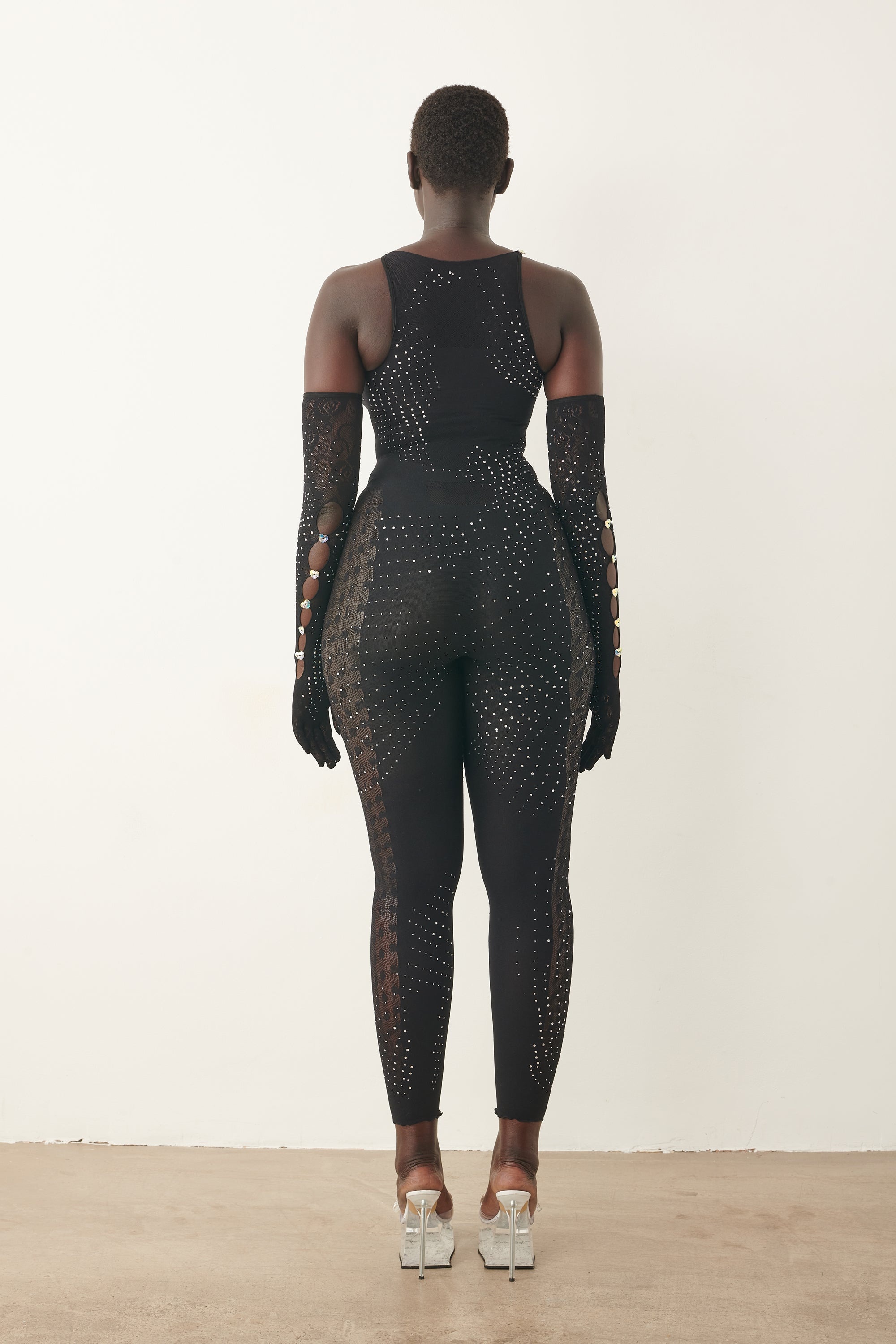 RHINESTONED JANICE JUMPSUIT X GLOVES SET JET BLACK - 4